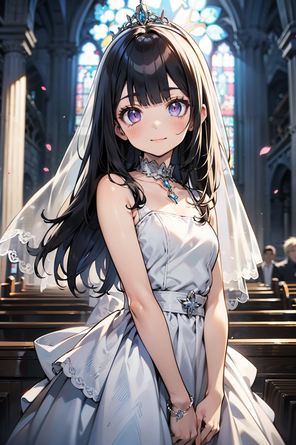 body 8 times longer than head, (Highly detailed CG unity 8k), (highest quality),(very detailed),(ultra high resolution), black hair, Anime adult woman wearing a white wedding dress, anime style, 2D rendering of an anime adult woman, realistic young anime adult woman, Smooth anime CG art, tiara, smile, purple eyes, small breasts, tall, straight hair, long hair, slanted eyes, (background is church), wedding veil, wedding bouquet,
