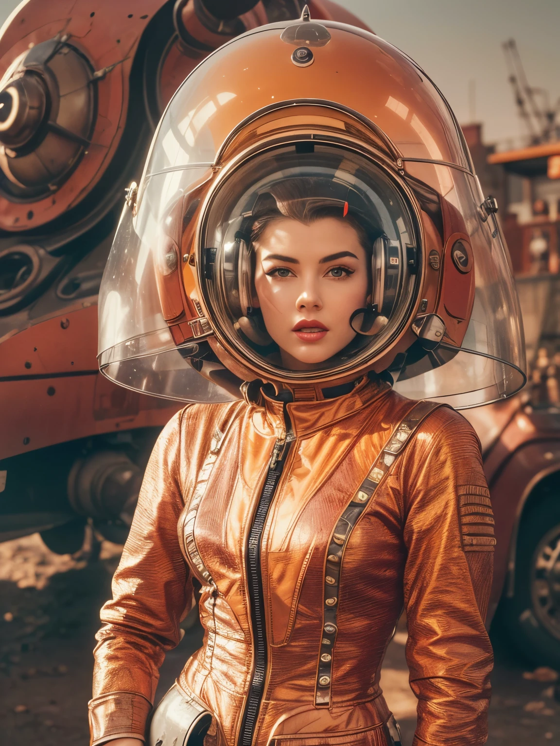 retro color work、Raw photo,Best Quality, master piece,high resolution,detailed,(Photorealsitic:1.4),Well-defined contours,1950retrofuturism、1950s retro science fiction drama、wore a strange helmet、50&#39;s retro-futuristic fashion clothes,young woman、perfect face、beautiful ,(50&#39;s retro-futuristic fashion clothesを着た(male))、sunlight,realistic shadow,realistic wilderness background,cinematic lighting, and 50&#39;s retro-futuristic robots、Robby the Robot、Buck Rogers、Flesh Gordon、BARBARELLA、Forbidden Planet、Lost in Space