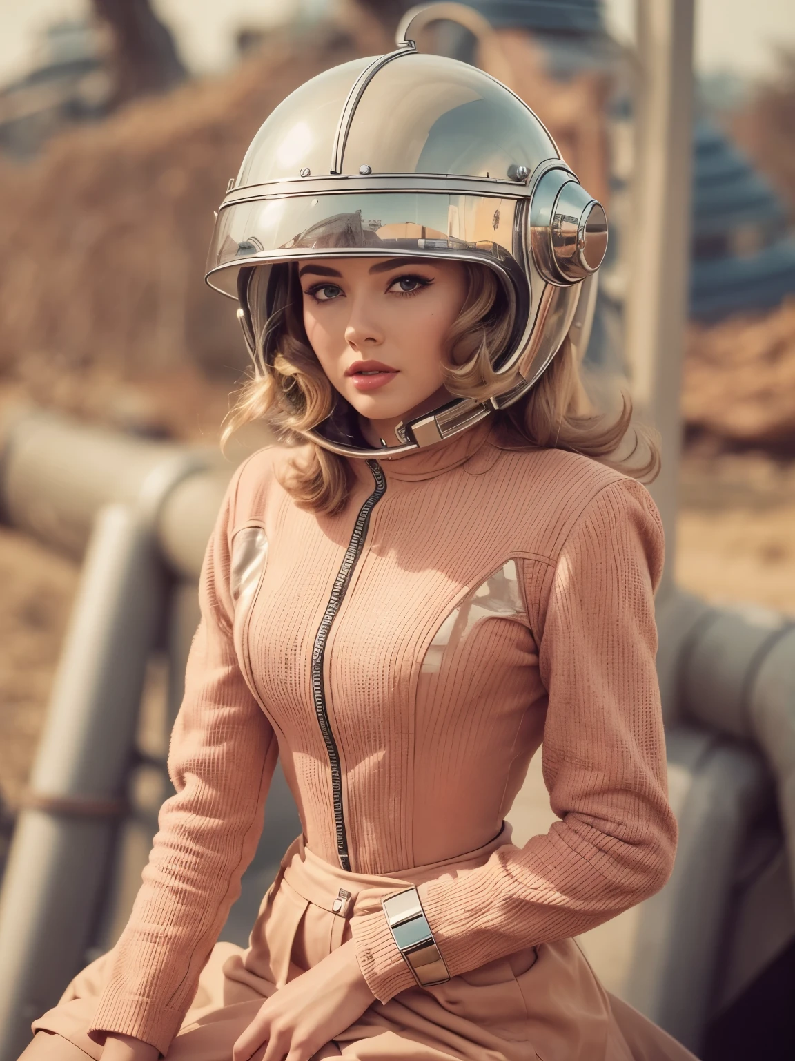 retro color work、Raw photo,Best Quality, master piece,high resolution,detailed,(Photorealsitic:1.4),Well-defined contours,1950retrofuturism、1950s retro science fiction drama、wore a strange helmet、50's retro-futuristic fashion clothes,young woman、perfect face、beautiful ,(50's retro-futuristic fashion clothesを着た(male))、sunlight,realistic shadow,realistic wilderness background,cinematic lighting, and 50's retro-futuristic robots、Robby the Robot、Buck Rogers、Flesh Gordon、BARBARELLA、Forbidden Planet、Lost in Space