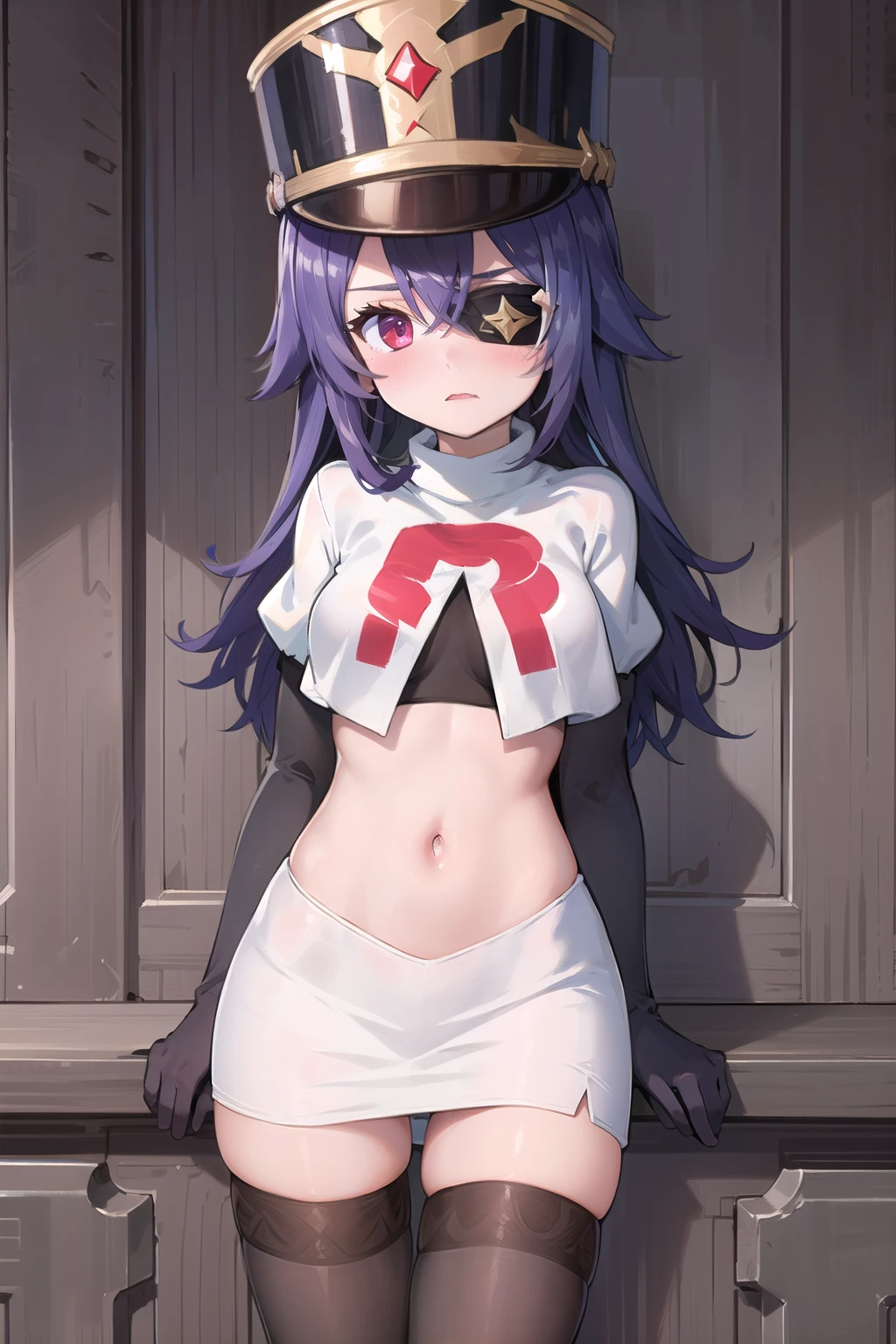 ((masterpiece,best quality)), 1girl, chevreuse, shako cap, eyepatch, blush, team rocket,team rocket uniform,white skirt,red letter R,crop top,black thigh-highs,black elbow gloves