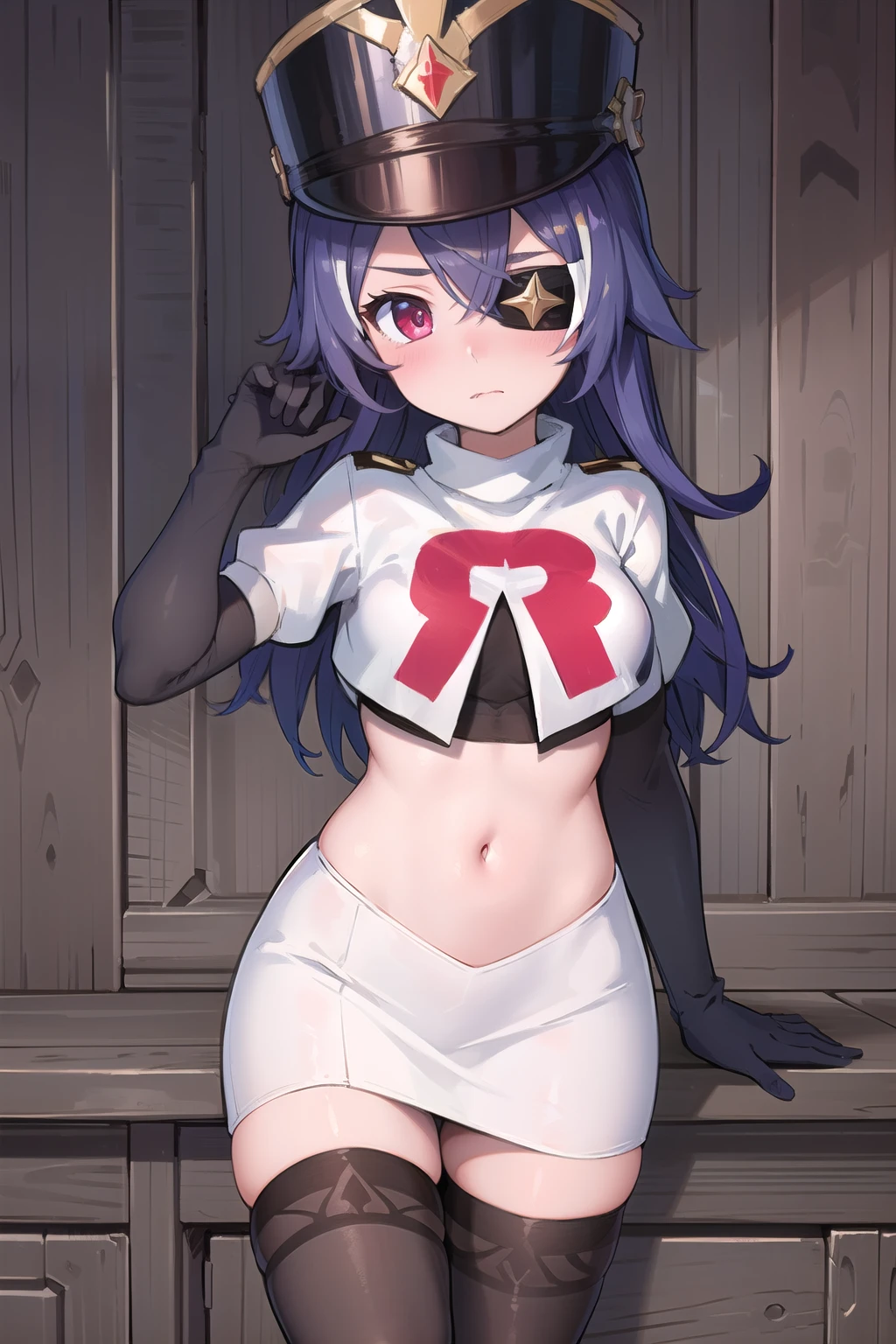 ((masterpiece,best quality)), 1girl, chevreuse, shako cap, eyepatch, blush, team rocket,team rocket uniform,white skirt,red letter R,crop top,black thigh-highs,black elbow gloves