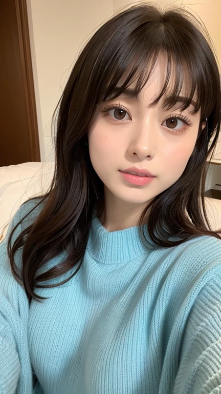 A face like Suzu Hirose、Have a cat、big breasts、wearing knitwear、long hair、