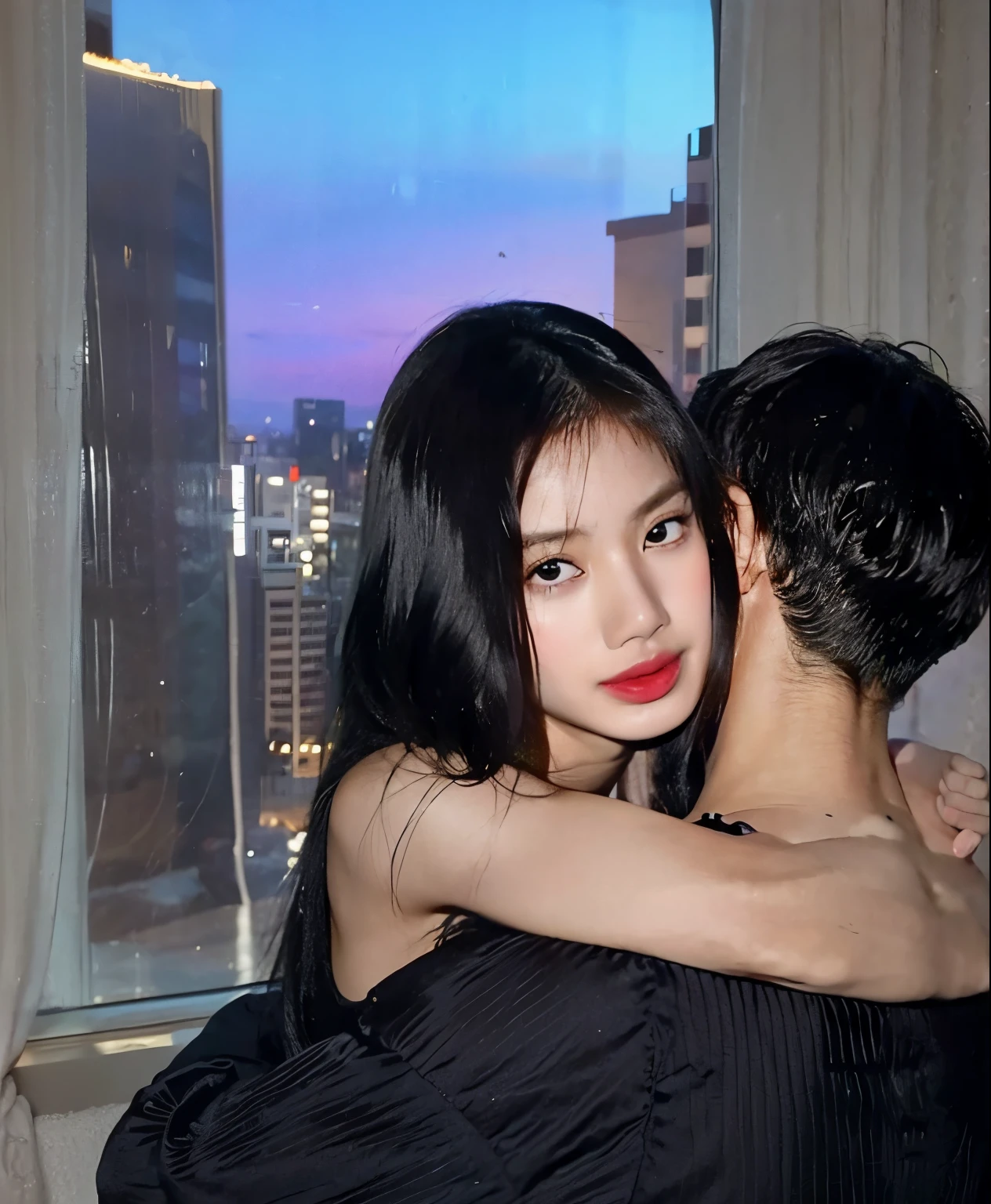 there is a man and a woman hugging in front of a window, brazo alrededor de su cuello, asian girl, her face looks like an orchid, asian features, muchacha coreana, beautiful asian girl, una asian woman, tumblr, asian woman, Lisa de blackpink, rostro de Lisa, Lisa Manoban