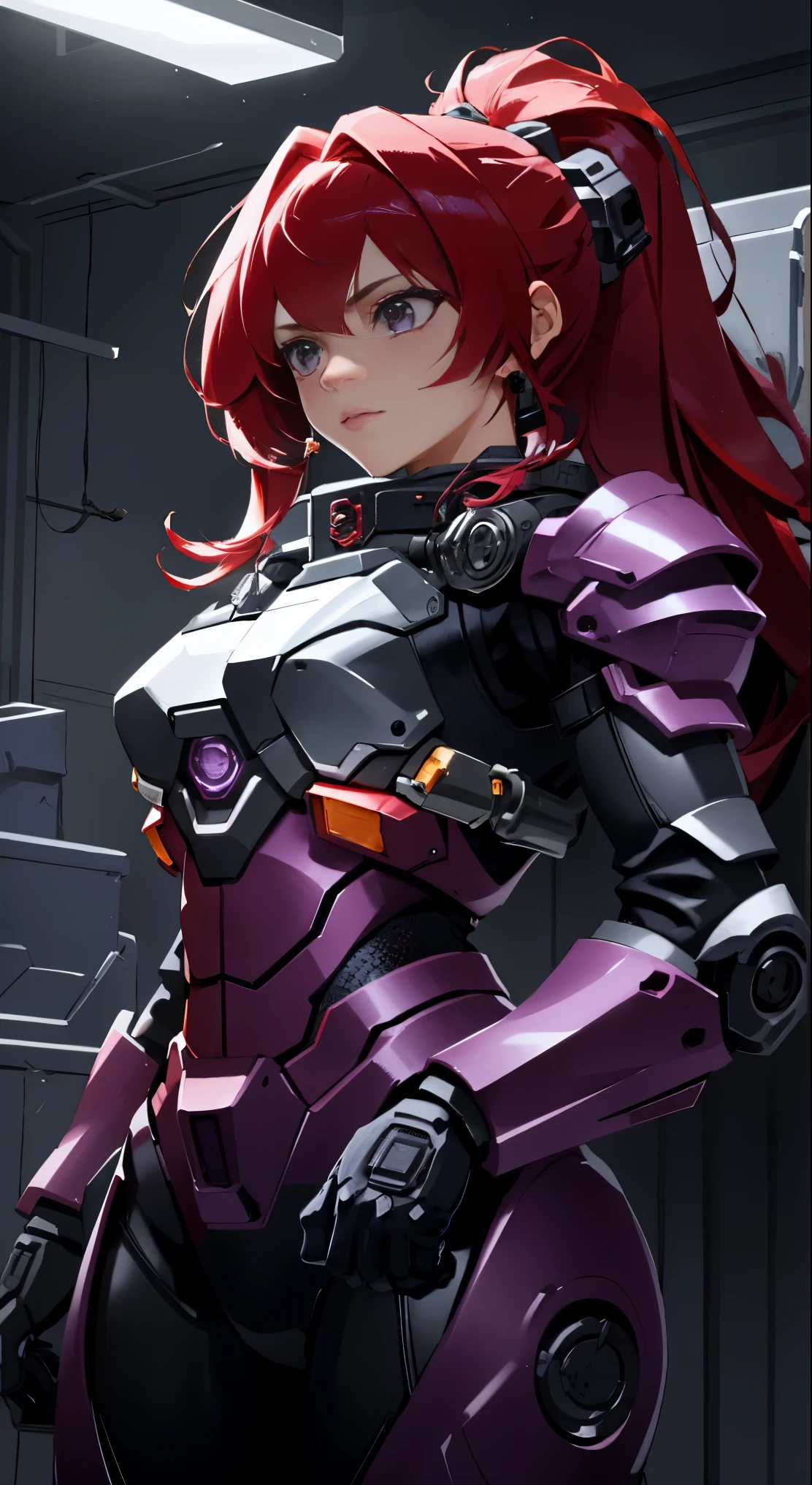 A girl with bright red hair is working as a mechanic in her workshop. She specializes in designing and fixing heavy mecha power armor. In this particular scene, she finds herself trapped in a suit of black armor of her own design. The power armor is encasing her body, making it difficult for her to move. The suit emits a bright purple glow, adding a futuristic and technological feel to the scene.

The girl's expression is a mix of flustered and annoyed, as she has encountered this situation before. Her detailed eyes show her concern and focus as she tries to find a way to free herself. Her lips are also beautifully detailed, highlighting her strong personality.

The workshop is full of tools, gears, and mechanical parts, reflecting her expertise and passion for her work. The background is dimly lit, with rays of light coming from the windows, creating a dramatic effect. The overall color tone is a combination of industrial shades and vibrant purple hues.

The image quality is of the highest standard, with ultra-detailed and realistic rendering. The level of detail in the power armor and the mechanic's facial features is exquisite. The lighting is carefully crafted, with studio lighting techniques used to enhance the depth and texture of the scene.

Overall, this prompt aims to capture the struggle of a red-haired mechanic trapped in her own design. The combination of the black power armor, the vibrant purple glow, and the detailed facial expression adds depth and intrigue to the scene.