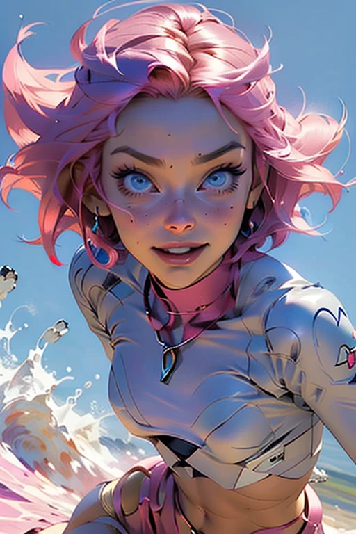 beatiful women, eyes blue, expressive eyes, looking at viewer, long sleeves, necklace, sexi smile, short pink hair, pretty face, latina facial features, medium breasts, digital illustration, comic style