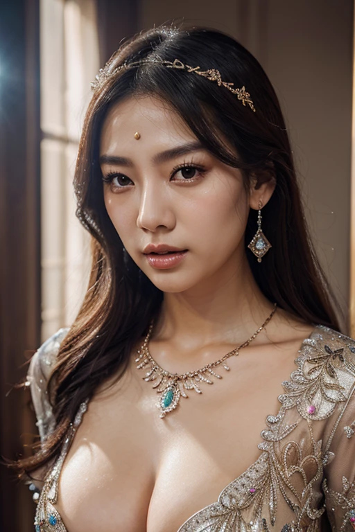 My worst nightmare... Korean woman,diamond nipple protection,illustration,detailed clothing,elaborate jewelry,sparkling diamonds,best quality,ultra-detailed,realistic,professional,vivid colors,portrait,natural lighting