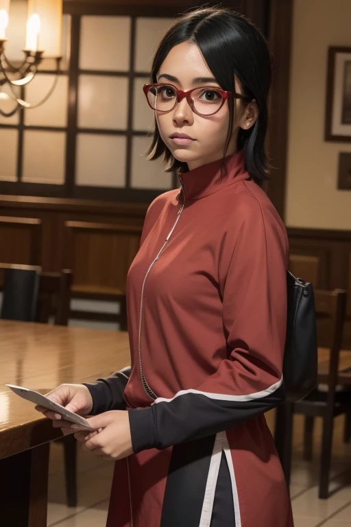 Sarada, Cabelo preto curto , olhos pretos, and with red glasses , nova com uma tez de pele clara , tem 18 anos , Este aumento de pesos , Parte superior do corpo , Seios gordinhos e gordinhos , Use uma roupa shinobi , It's in the dining hall of Shinobi Academy