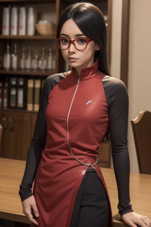 Sarada, Cabelo preto curto , olhos pretos, and with red glasses , nova com uma tez de pele clara , tem 18 anos , Este aumento de pesos , Parte superior do corpo , Seios gordinhos e gordinhos , Use uma roupa shinobi , It's in the dining hall of Shinobi Academy