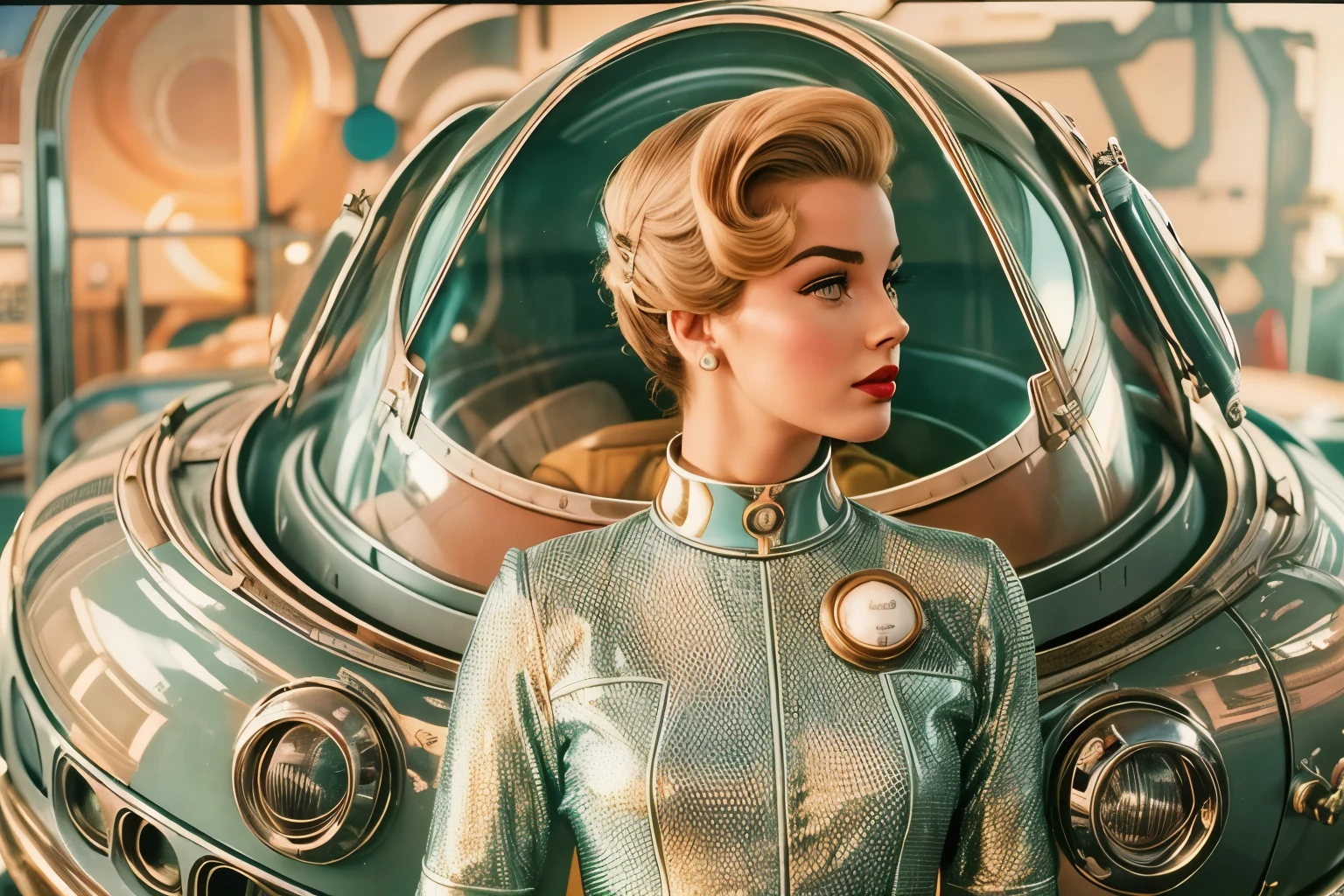 retro color work、Raw photo,Best Quality, master piece,high resolution,detailed,(Photorealsitic:1.4),Well-defined contours,1950retrofuturism、1950s retro science fiction drama、wore a strange helmet、50&#39;s retro-futuristic fashion clothes,young woman、perfect face、beautiful ,(50&#39;s retro-futuristic fashion clothesを着た(male))、sunlight,realistic shadow,realistic wilderness background,cinematic lighting, and 50&#39;s retro-futuristic robots、Robby the Robot、Buck Rogers、Flesh Gordon、BARBARELLA、Forbidden Planet、Lost in Space