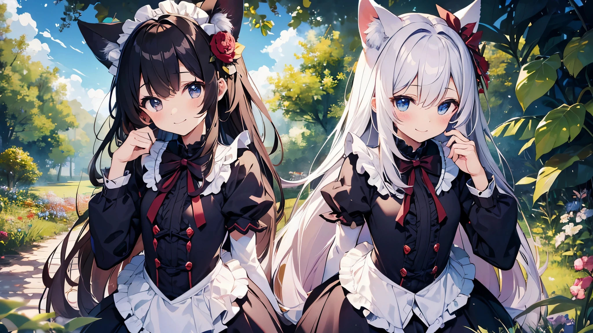 ((best quality, Masterpiece, perfect anatomy, Detailed pictures)), furry, 1 woman, arctic ferret, sexy, long white hair, ponytail, gray eyes, Shit shy, ferret tail, Maid outfit, red red, shy, in the cherry tree, wet, Chest 82, Waist 56, Thigh 83