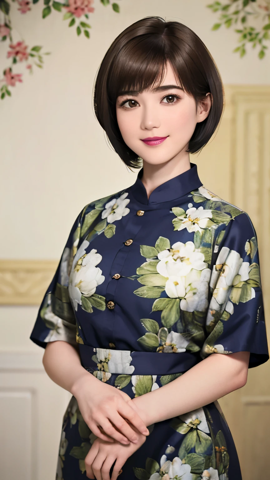 151
(20 year old woman,Floral clothing), (Super realistic), (high resolution), ((beautiful hairstyle 46)), ((short hair:1.46)), (gentle smile), (brest:1.1), (lipstick)
