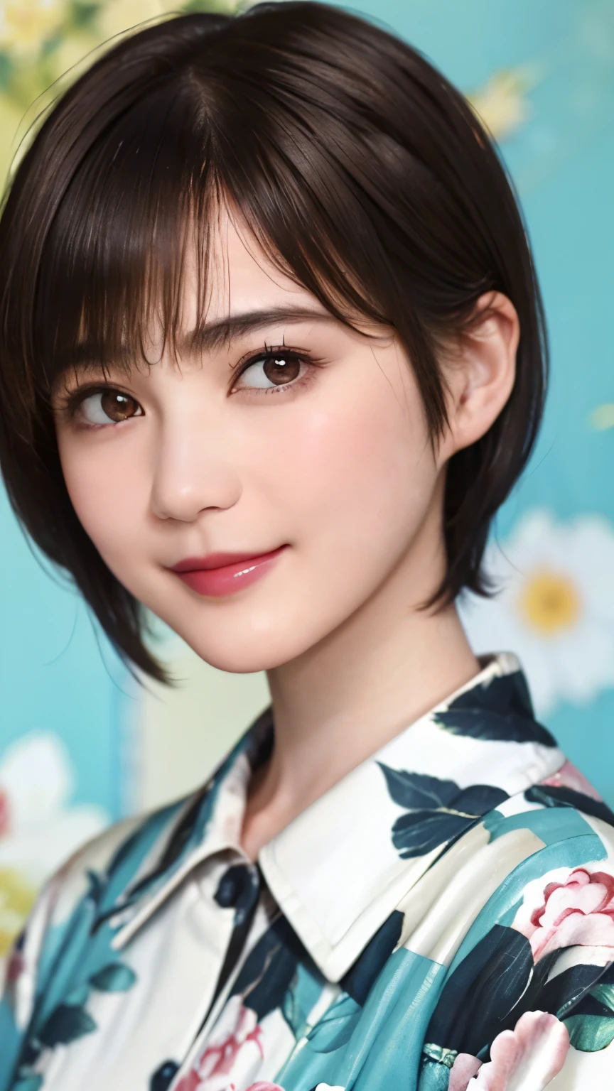 151
(20 year old woman,Floral clothing), (Super realistic), (high resolution), ((beautiful hairstyle 46)), ((short hair:1.46)), (gentle smile), (brest:1.1), (lipstick)

