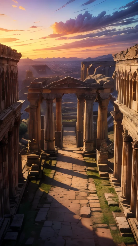 A beautiful sunset over the ruins of ancient Mesopotamia, capturing the essence of the historical land. (best quality,4k,8k,highres,masterpiece:1.2),ultra-detailed,(realistic,photorealistic,photo-realistic:1.37),HDR,UHD,studio lighting,ultra-fine painting,sharp focus,physically-based rendering,extreme detail description,professional,vivid colors,bokeh,ancient cityscape,weathered stone architecture,historical artifacts,dramatic sky,scattered sunlight,eroded pillars,delicate carvings,fading inscriptions,subtle reflections,dusty atmosphere,antique ruins,majestic structures,archaeological mystery,lost civilization,rich cultural heritage,mystical ambiance,golden hues,silent whispers of the past