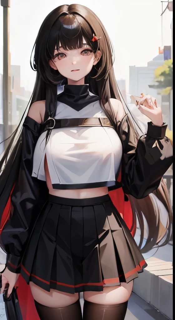 (masterpiece:1.4)、(highest quality:1.4)、ultra high resolution、beautiful features、20 year old woman、black straight long hair、hair ornaments、long sleeve t-shirt、flare skirt、black tights、(huge breasts:1.2)、red face、smile、stand、aquarium、巨大な水槽の前にstand、Lots of Fish、dim