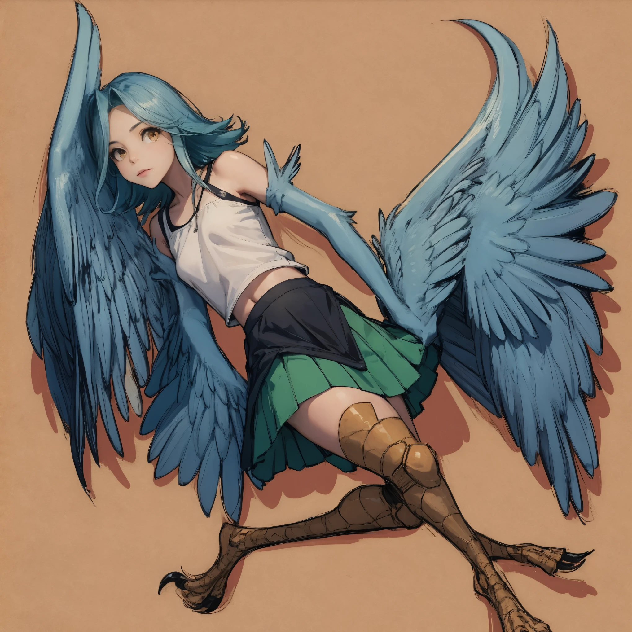 1 female, solo female, harpy, emerald green wings, beautiful wings, bird legs, sharp black talons, tan skin, tomboyish appearance, slim body, body height, shoulder length green hair, bright yellow eyes, masterpiece,great detail,navy blue skirt, tank top