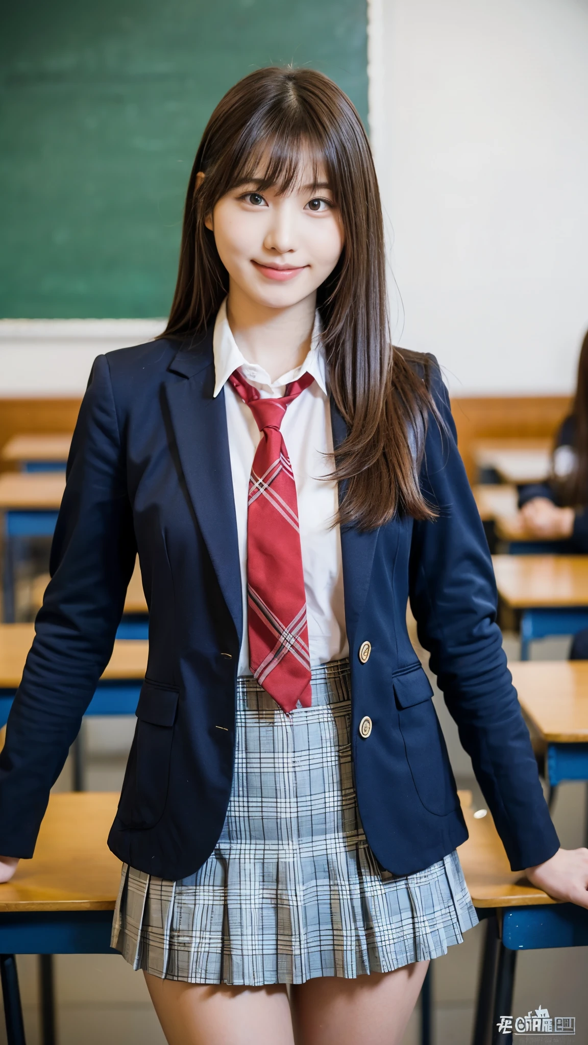 Stand in the classroom of school2girl girl,Red Tie Uniform,Dark Blue Closed Blazer,blue plaid miniskirt,18-year-old,bangs,a little smile,thighs,knees,from below,random pose,pretty girl,slender girl,