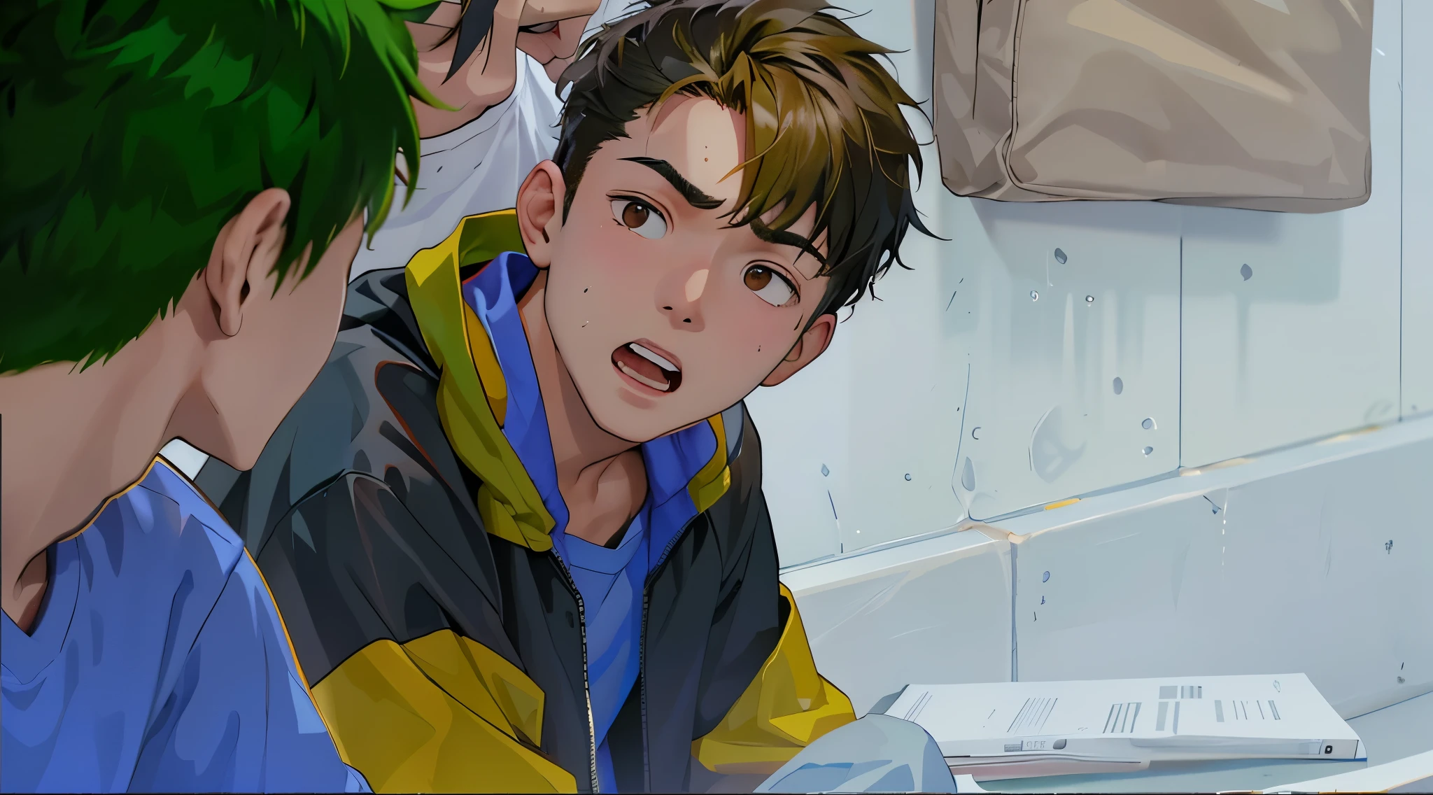 He yells at his friend, he is yelling at him. There are two -yeld bo one sitting next to the other, looking at him. He talks to him to calm him down. He tells him not to fight.