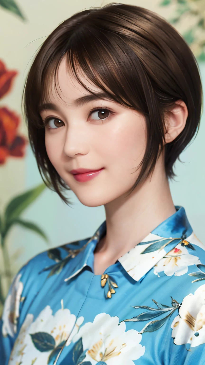 151
(20 year old woman,Floral clothing), (Super realistic), (high resolution), ((beautiful hairstyle 46)), ((short hair:1.46)), (gentle smile), (brest:1.1), (lipstick)
