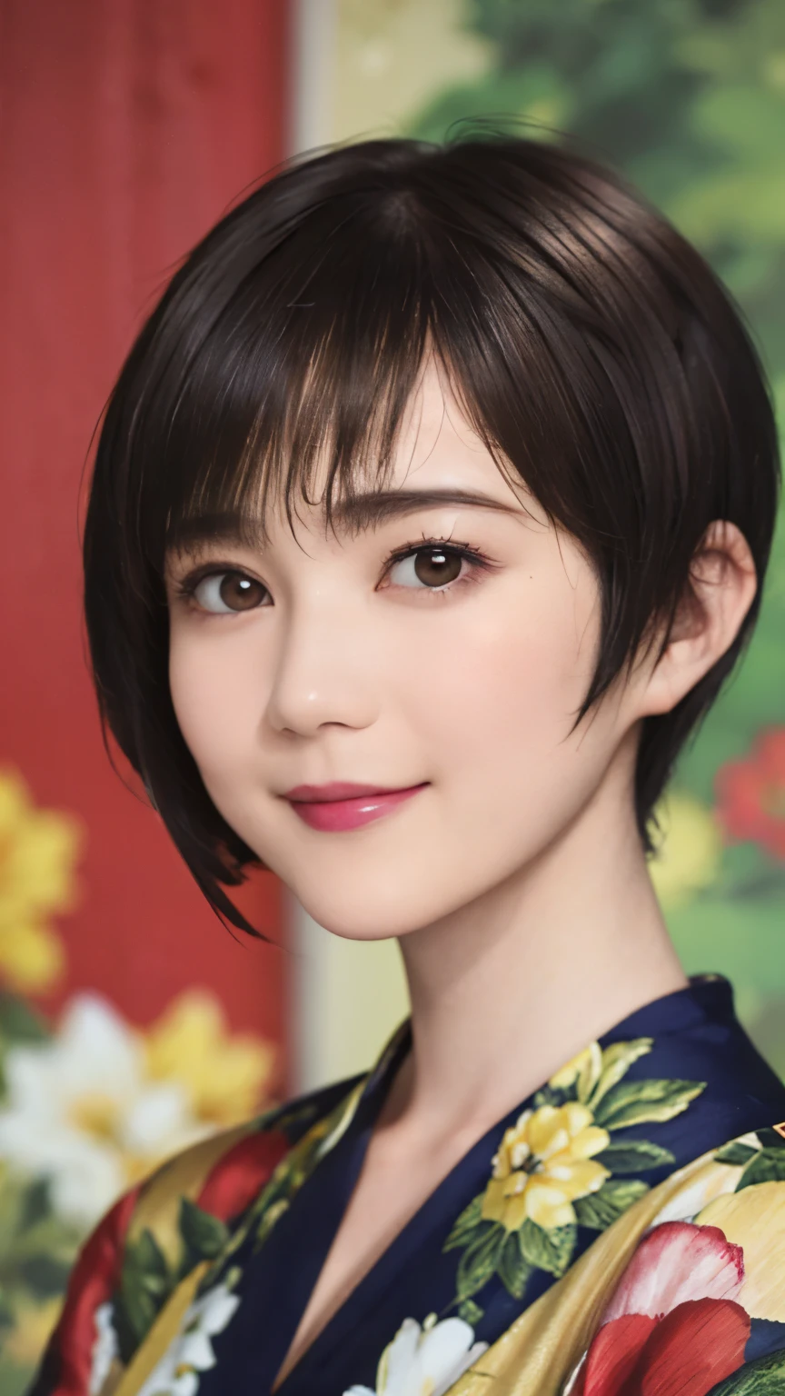 151
(20 year old woman,Floral clothing), (Super realistic), (high resolution), ((beautiful hairstyle 46)), ((short hair:1.46)), (gentle smile), (brest:1.1), (lipstick)