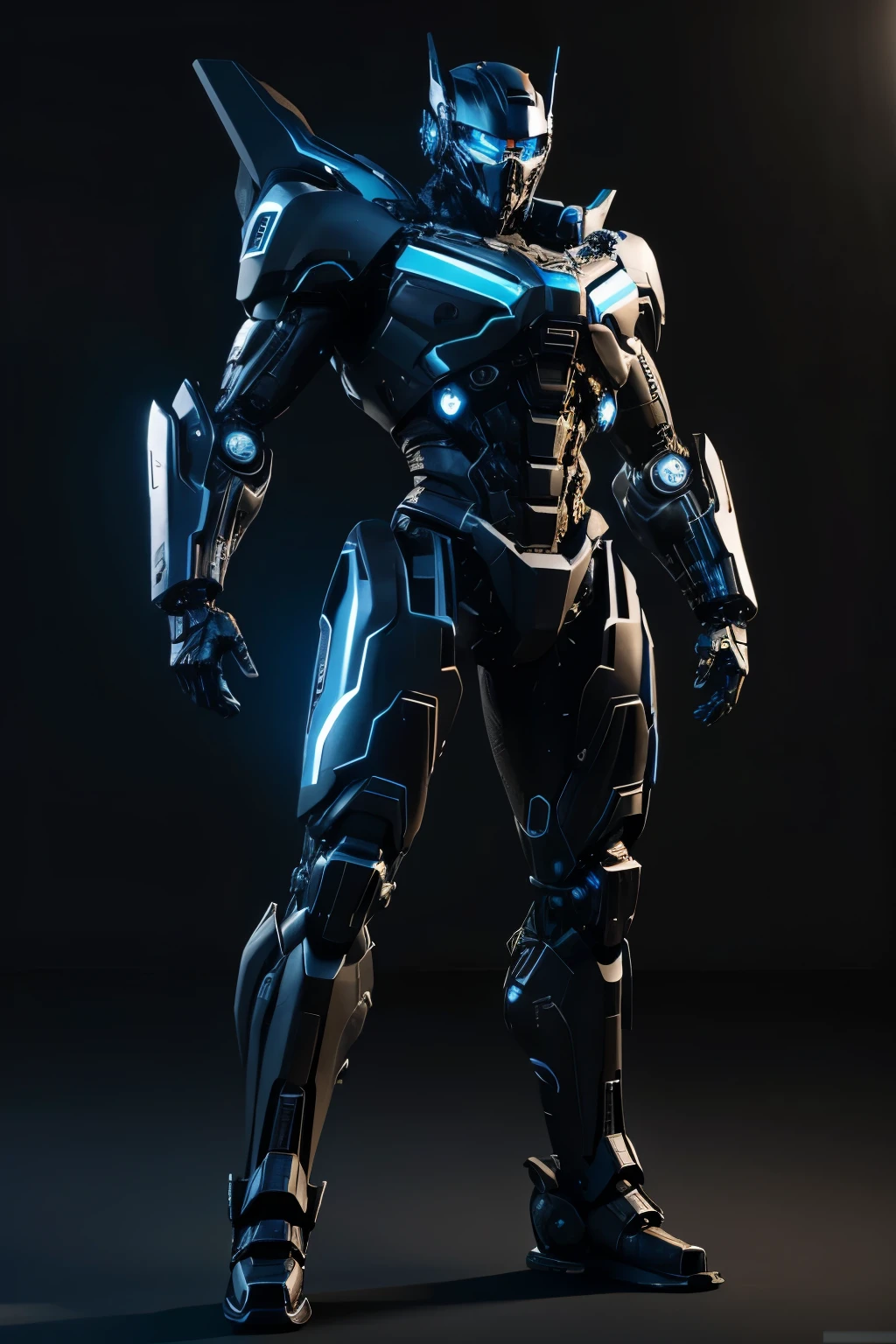 (best quality,realistic,3D rendering),G-Class Transformer,standing proudly,full body shot,black with blue details,mechanical details,shiny surface,sharp edges,sleek design,impressive stance,glowing blue eyes,transforming mechanism,metallic finish,muscular structure,powerful presence,dynamic pose,innovative technology,seamless transformation,blue highlights,reflective surfaces,detailed hydraulics,advanced engineering,futuristic concept,artificial intelligence integration,highly detailed textures,unparalleled craftsmanship,perfectly balanced aesthetics,attention to detail,striking visual impact,intense color contrast,majestic proportions,impressive sense of scale,exceptional attention to proportions,awe-inspiring silhouette