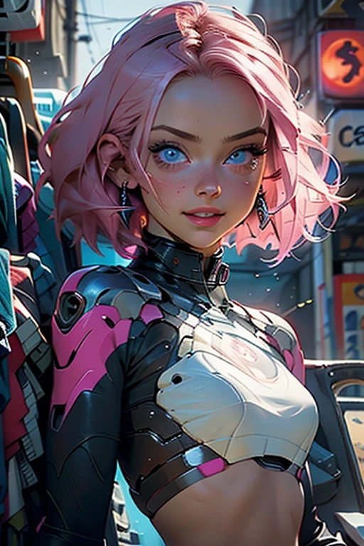 beatiful women, eyes blue, expressive eyes, looking at viewer, long sleeves, necklace, i smile, short pink hair, pretty face, latina facial features, medium breigital illustration, comic style, cyberpunk