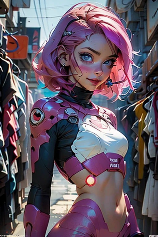 beatiful women, eyes blue, expressive eyes, looking at viewer, long sleeves, necklace, sexi smile, short pink hair, pretty face, latina facial features, medium breasts, digital illustration, comic style, cyberpunk