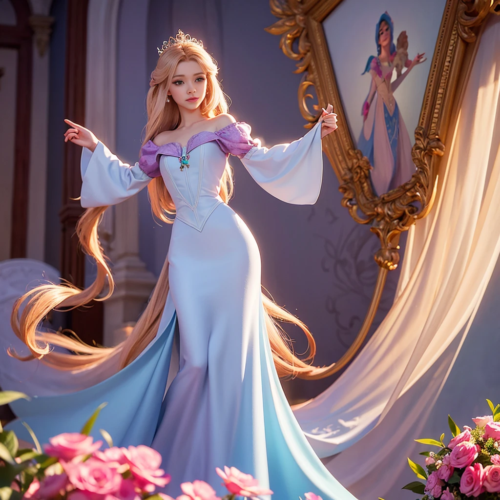 araffe vestido de rosa sentado sobre una alfombra con un pastel, rapunzel, Estilo de arte de Disney, in style of disney animation, disney fotorrealista, princesa de pelo rubio, Arte conceptual de Disney, Renderizado 8k", deviantart art station cgscosiety, hermosa obra de arte digital, Arte al estilo de Disney, lindo arte digital detallado, foto de disney realista, enredado