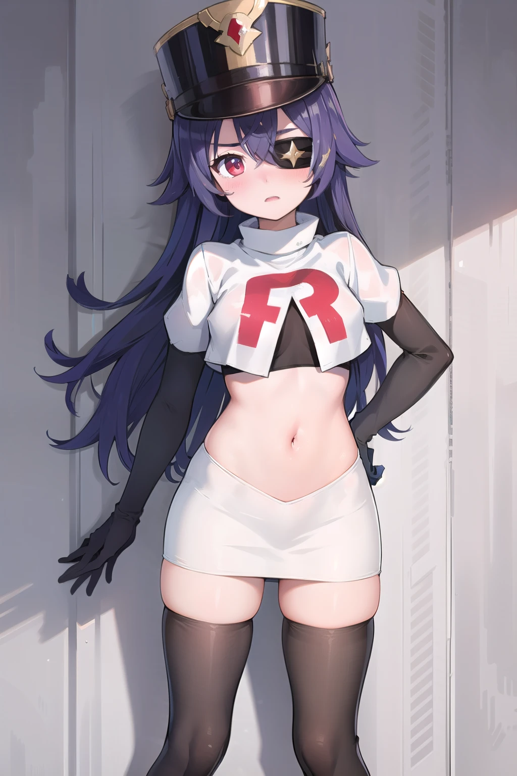 ((masterpiece,best quality)), 1girl, chevreuse, shako cap, eyepatch, blush, team rocket,team rocket uniform,white skirt,red letter R,crop top,black thigh-highs,black elbow gloves