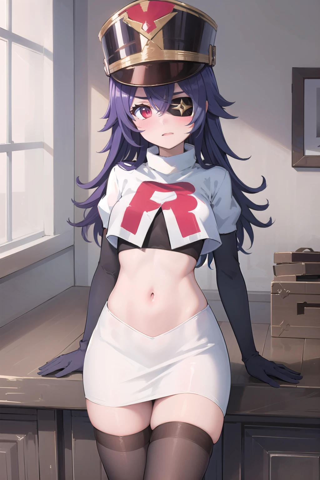 ((masterpiece,best quality)), 1girl, chevreuse, shako cap, eyepatch, blush, team rocket,team rocket uniform,white skirt,red letter R,crop top,black thigh-highs,black elbow gloves