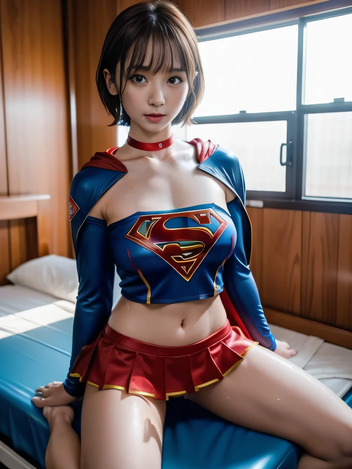 masterpiece、Supergirl costumes、short hair、Intensive care unit、operating table、barefoot、straddle、M-shaped legs、wide open legs、big and full breasts、red mini skirt、look at the camera、Sweat、Cowgirl、Sweatでいっぱい、発Sweat、Sweat scattering、Sweat wet、choker、long sleeve、Fluttering cloak、During surgery