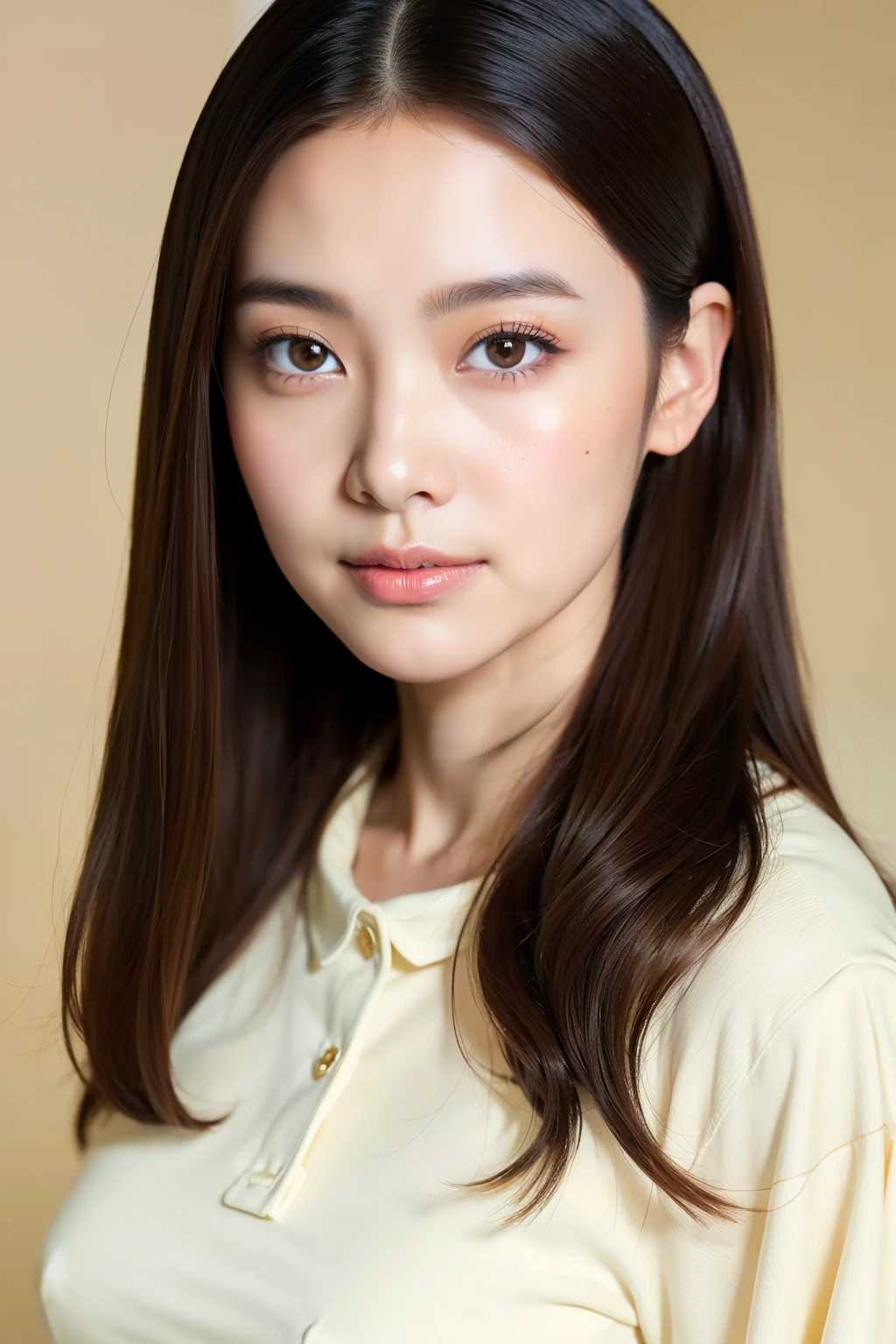 A 40-year-old Japanese woman, intelligent and a university professor. She possesses a beautiful face, adorned with clear features and long, lustrous light brown hair. With her captivating beauty, she exudes an aura of cuteness that draws people to her. (Best quality, masterpiece: 1.2), portrait, no makeup: 1.2)