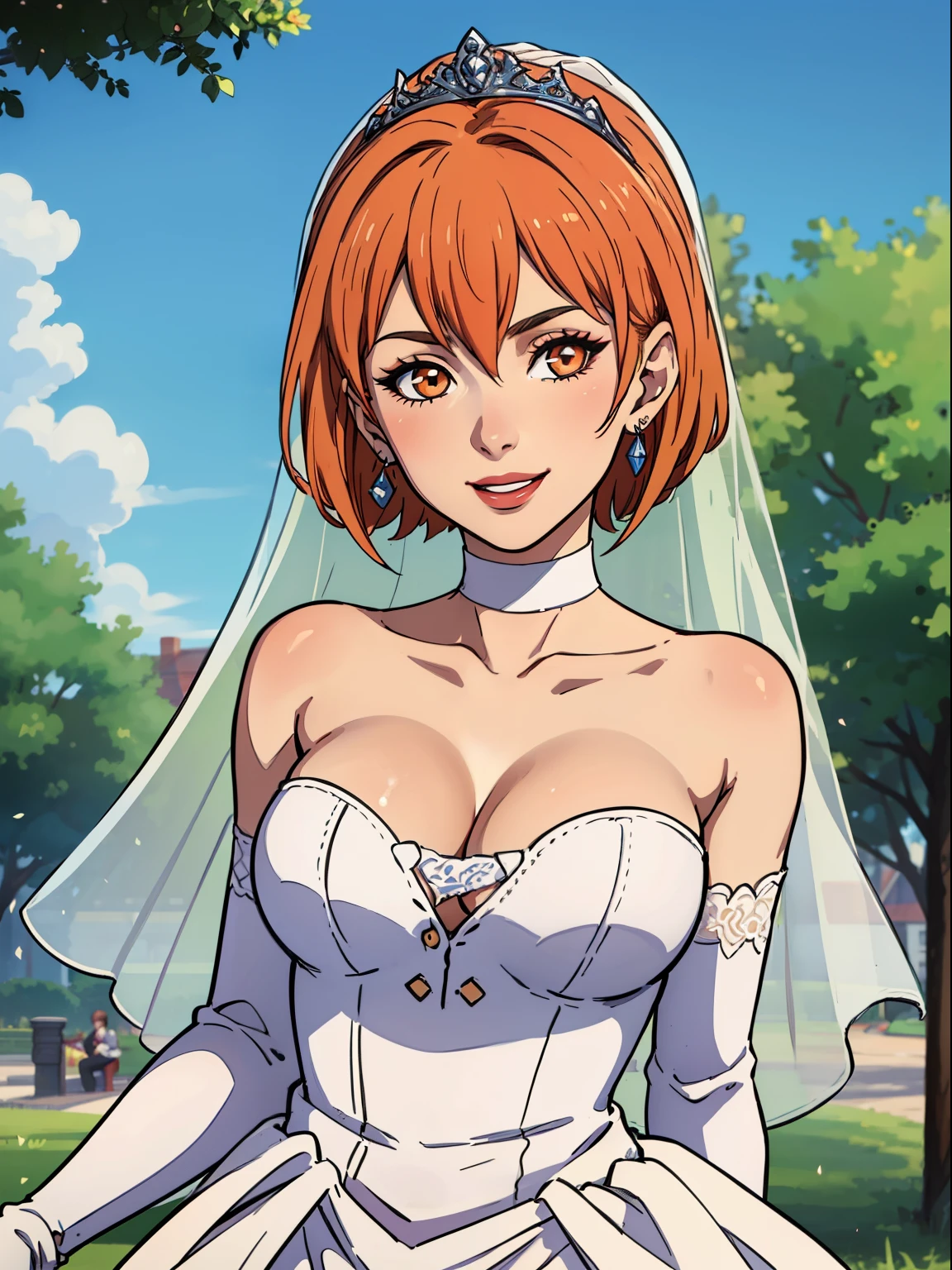 1girl ,leonie pinelli, orange hair ,short hair ,earrings ,lipstick, eye shadow, makeup, hair between eyes, ahoge, hair ornament, gloves, dress, cleavage, bare shoulders, collarbone, white oprea gloves, white gloves, white dress, strapless, white choker, tiara, veil, strapless dress, wedding dress, bridal veil, beautiful woman, perfect body, perfect breasts, wearing a wedding dress, ball gown, in the park trees, wedding decorations, looking at the viewer,  smile, realism, masterpiece, textured skin, super detail, high detail, high quality, best quality, 1080p,