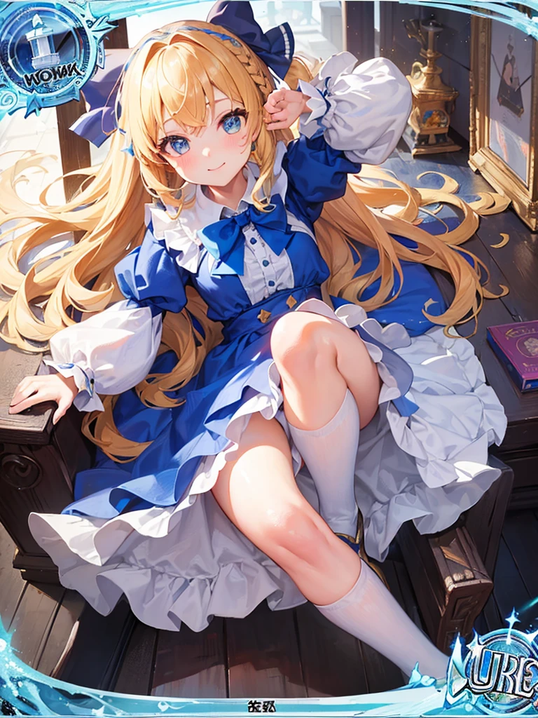 photo realistic, (masterpiece,best quality:1.4),(8k,raw photo,photo realistic:1.2), detailed skin, detailed face,1girl,Japanese idol,cute face, , Not Safe for Work, (raw photo, photo realistic: 1.2), 1 girl in, length hair, blue eyes, blonde hair, light smile, ((shiny wavy hair)), diadems, jumping, A pose where can you be seen from below, doress, the bow, (clock, wonderland), gothic dresses, shairband, movement, looking at the viewers, shortsleeves, the bow hair, blue shairband, a smile, red blush, hand on own face , Blue Doress, Alice (Alice in Wonderland), Hair Between Eyes, White frilled legwear, ((Blue the Bow)), A Throne, Puffy Sleeves, Put Your Hand on Your Cheek, Bangss, Apron Dress, shortsleeves, ((Blue bow ribbon)), long hair, (mini crown), foot out of frame, frilld, white gothic dresses,: q, masterpiece, top-quality, (worn skirt, twat, camel's toe)), not safe for work, , , 14 yo, braided bangs,