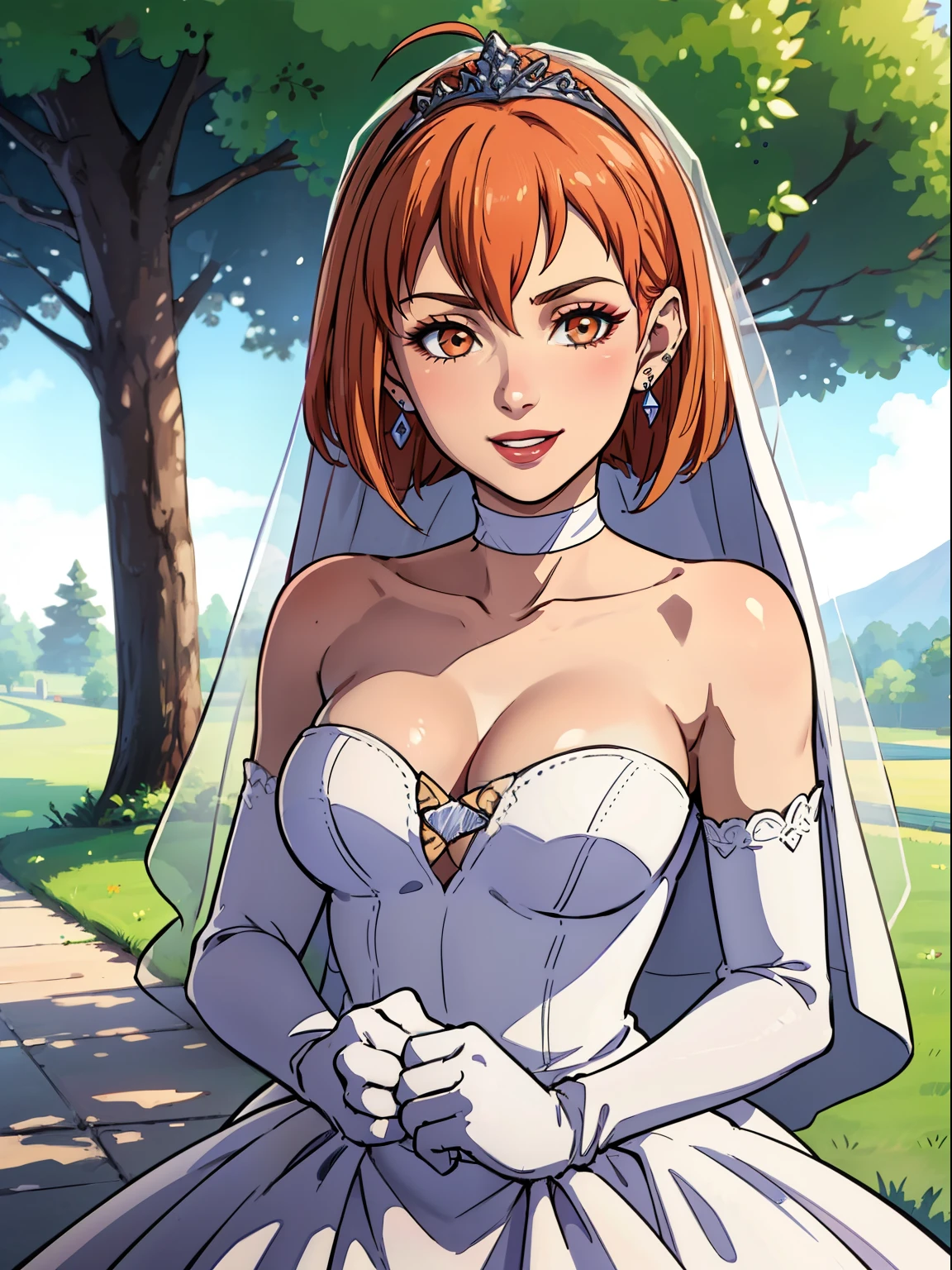 1girl ,leonie pinelli, orange hair ,short hair ,earrings ,lipstick, eye shadow, makeup, hair between eyes, ahoge, hair ornament, gloves, dress, cleavage, bare shoulders, collarbone, white oprea gloves, white gloves, white dress, strapless, white choker, tiara, veil, strapless dress, wedding dress, bridal veil, beautiful woman, perfect body, perfect breasts, wearing a wedding dress, ball gown, in the park trees, wedding decorations, looking at the viewer,  smile, realism, masterpiece, textured skin, super detail, high detail, high quality, best quality, 1080p,