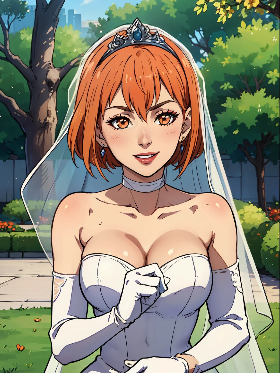 1girl ,leonie pinelli, orange hair ,short hair ,earrings ,lipstick, eye shadow, makeup, hair between eyes, ahoge, hair ornament, gloves, dress, cleavage, bare shoulders, collarbone, white oprea gloves, white gloves, white dress, strapless, white choker, tiara, veil, strapless dress, wedding dress, bridal veil, beautiful woman, perfect body, perfect breasts, wearing a wedding dress, ball gown, in the park trees, wedding decorations, looking at the viewer,  smile, realism, masterpiece, textured skin, super detail, high detail, high quality, best quality, 1080p,