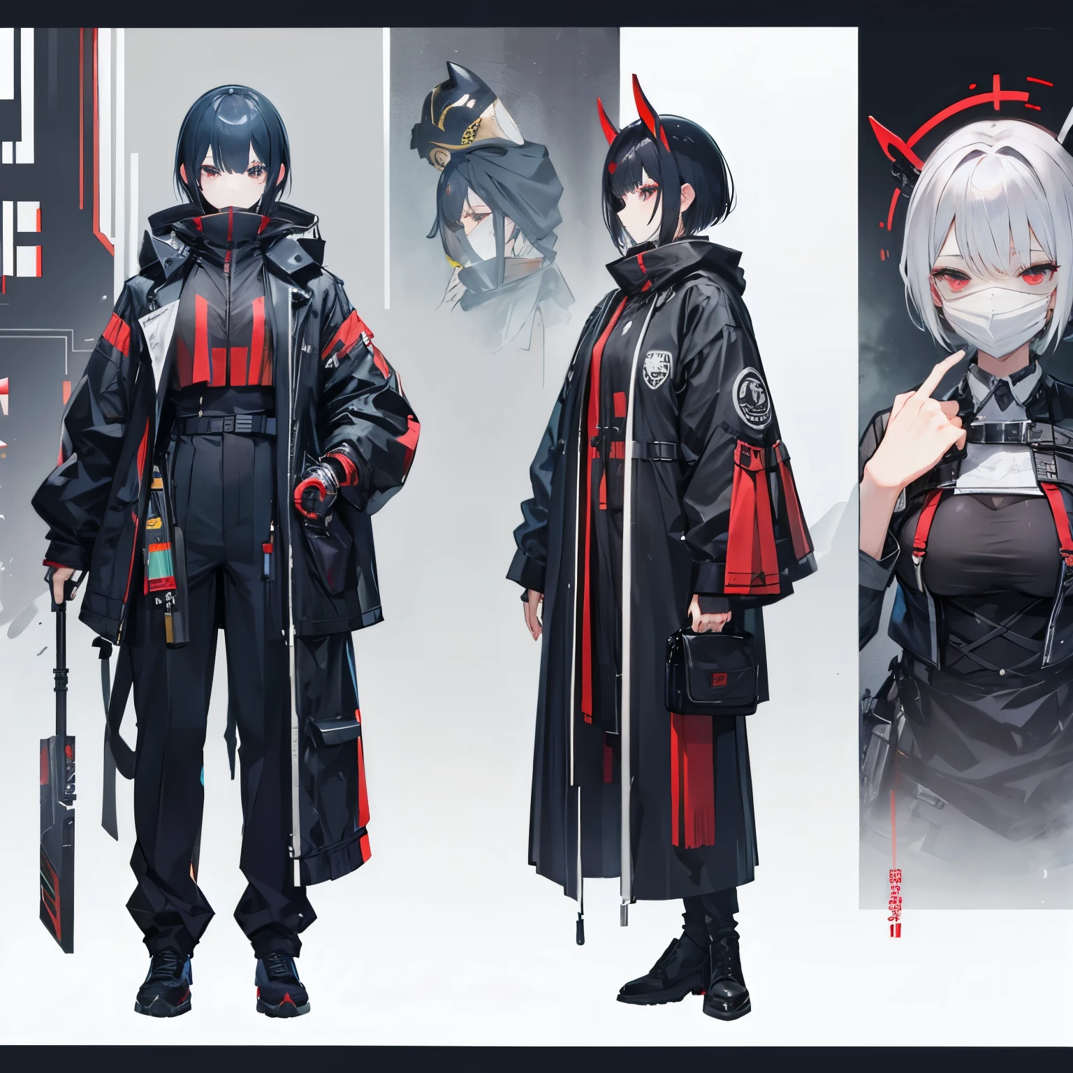 Mask covering the face、female、prosthetic hand、standing position、short hair