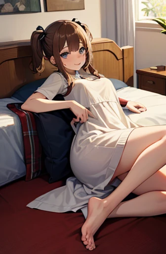 big jump in strong wind, She lifts up the under hem of her beige plain dress, leaning over, Climax, get ecstasy, masterpiece, very short pigtails,brown hair, Hair tie with two big red clothespins, mature, Female robot, android, blue eyes, full body figure, Height: 160cm, flushed cheeks, 2020s anime picture, missionary angle, A beautiful robot with short brown hair in two short pigtails held up by two very large huge red clothespins, Uplifting, No NSFW, whole body, spread legs, barefoot, masturbate, bedroom, lie down, Laughter, archaic smile, jumping orgasm, 25 years old