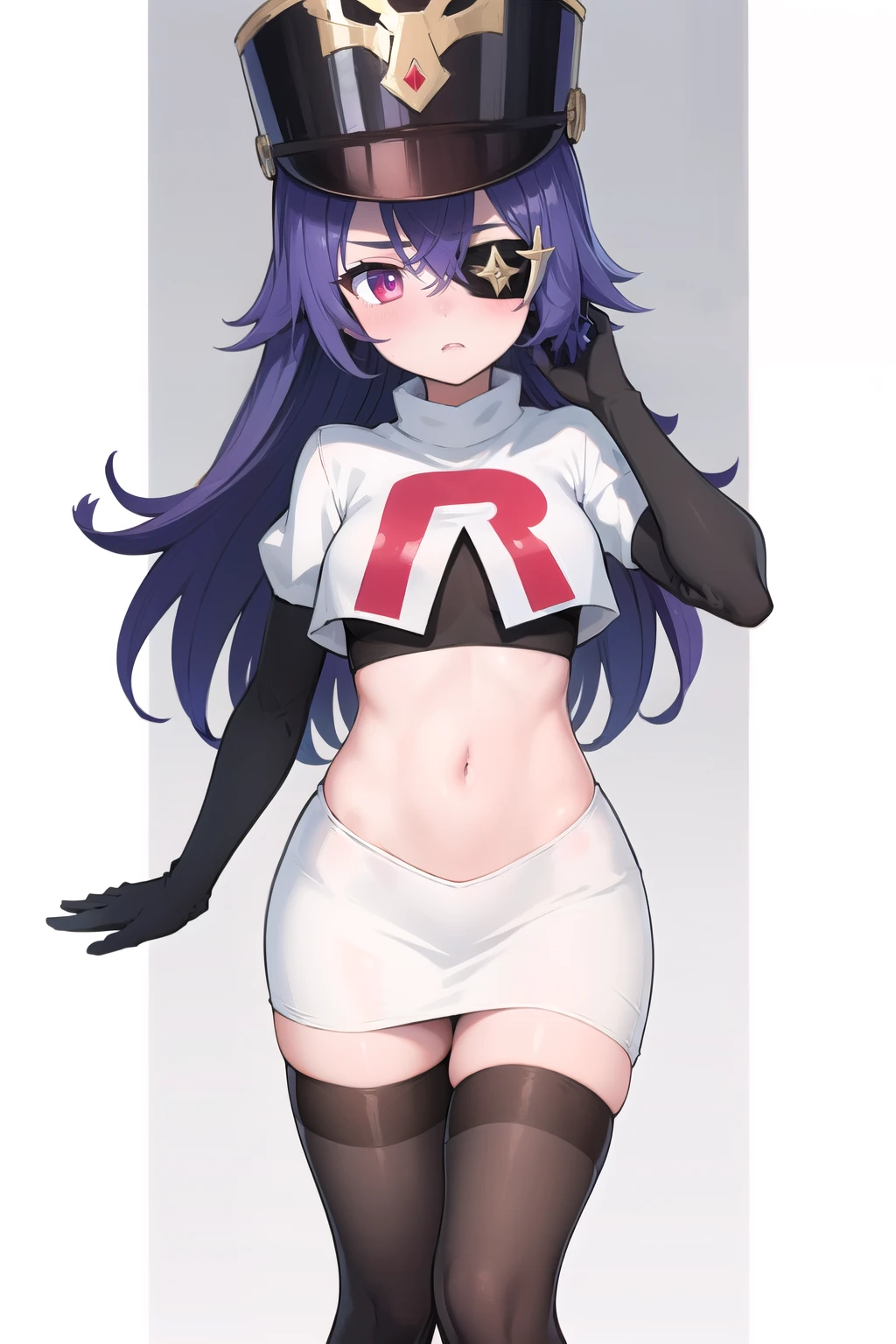 ((masterpiece,best quality)), 1girl, chevreuse, shako cap, eyepatch, blush, team rocket,team rocket uniform,white skirt,red letter R,crop top,black thigh-highs,black elbow gloves