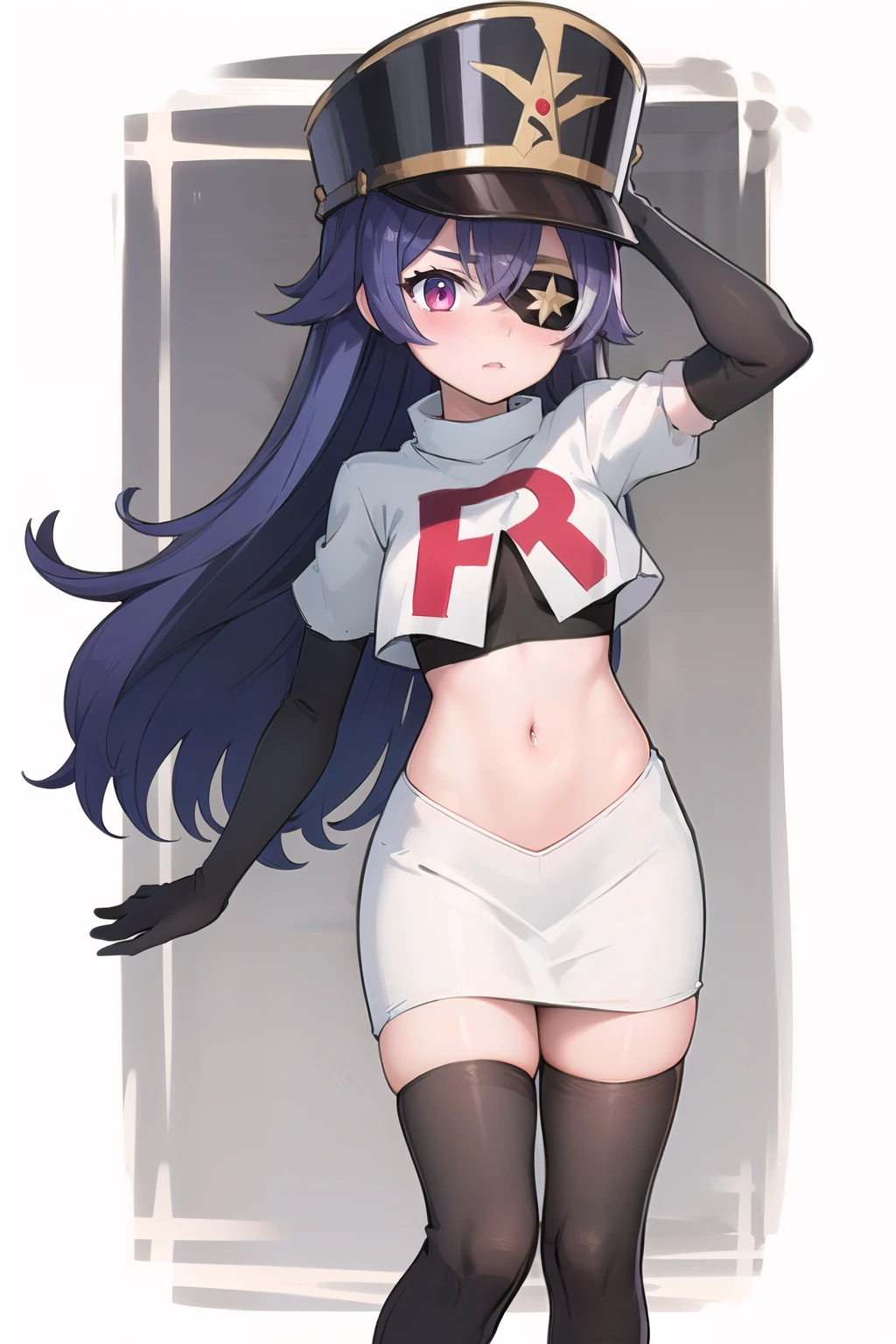 ((masterpiece,best quality)), 1girl, chevreuse, shako cap, eyepatch, blush, team rocket,team rocket uniform,white skirt,red letter R,crop top,black thigh-highs,black elbow gloves