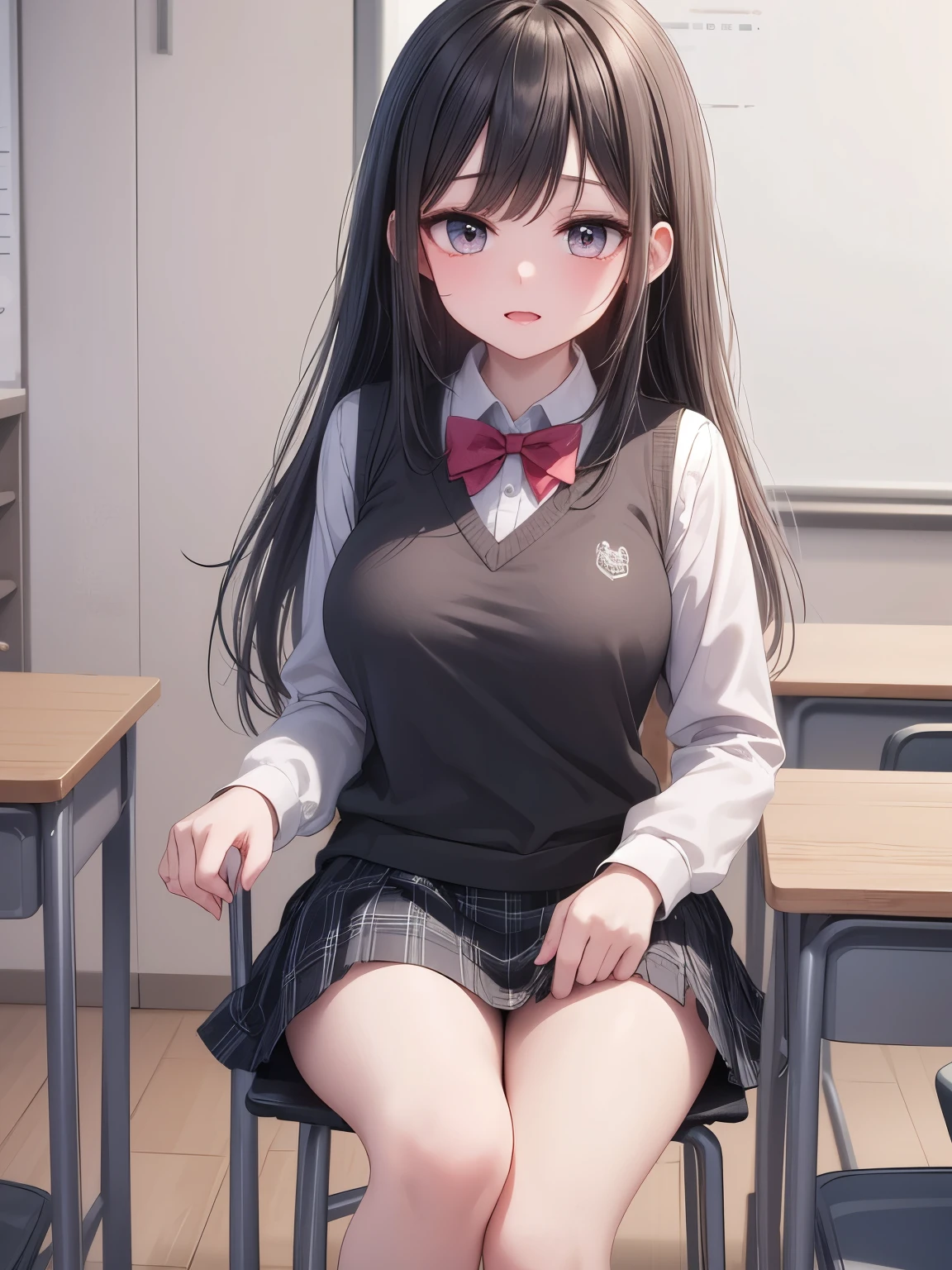 solo girl, 20 years old, (black hair:1.2), long hair, brown eyes,  medium breast, laugh,  red bowtie,white long sleeves shirt,black sweater vest, dark blue skirt,classroom, insanely detailed,  absurdres,  ultra-highres,  ultra-detailed,  best quality,  slender,  kawaii,  perfect symmetrical face,  ultra cute girl,  ultra cute face,  ultra detailed eyes,  ultra detailed hair,  ultra cute,  ultra beautiful,