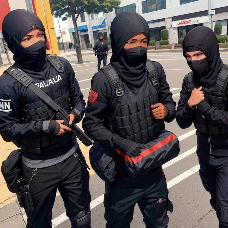3 adolescentes homens negros fugindo de balaclava um assalto ao banco de bala clava morenos com armas com bolsa de dinheiro na mao com piloto de fuga na rua de frente ao banco