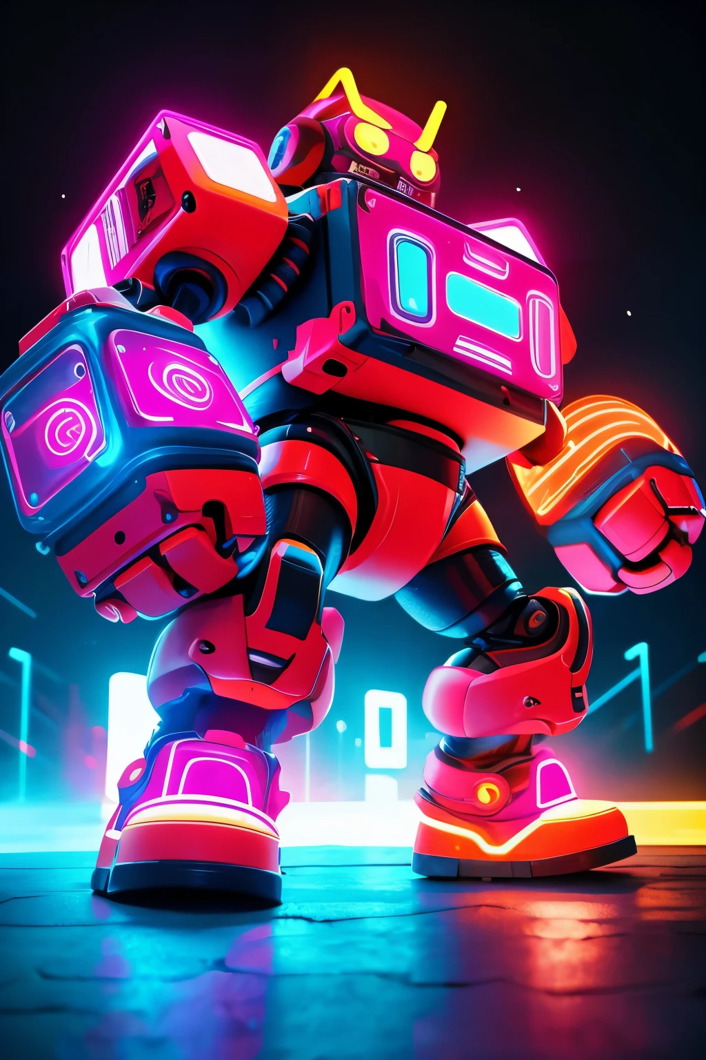 Robot luchador de boxeo luces de neon destruido en balle