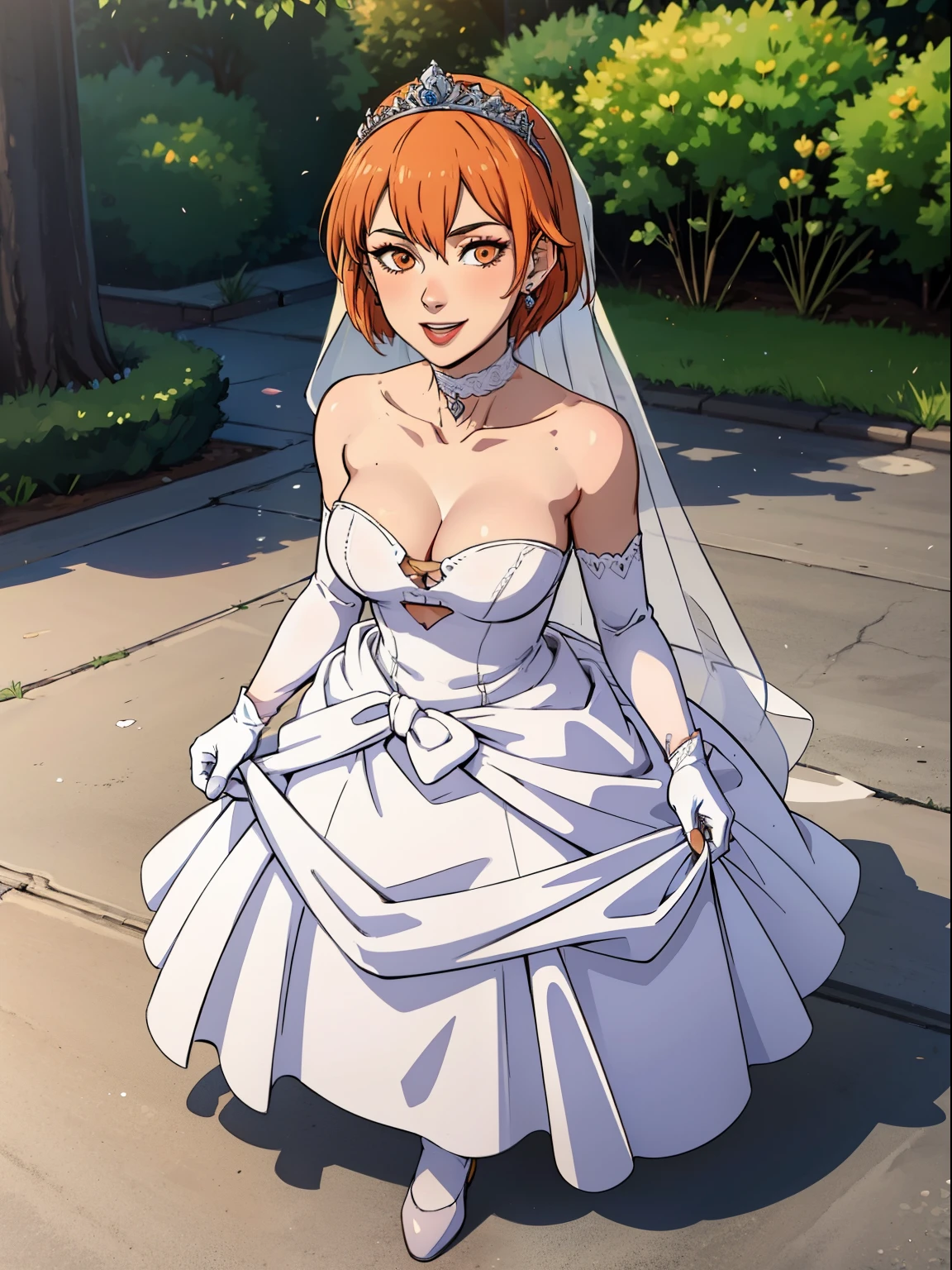 1girl ,leonie pinelli, orange hair ,short hair ,earrings ,lipstick, eye shadow, makeup, hair between eyes, ahoge, hair ornament, gloves, dress, cleavage, bare shoulders, collarbone, white oprea gloves, white gloves, white dress, strapless, white choker, tiara, veil, strapless dress, wedding dress, bridal veil, beautiful woman, perfect body, perfect breasts, wearing a wedding dress, ball gown,full body ,in the park trees, wedding decorations, looking at the viewer, smile, realism, masterpiece, textured skin, super detail, high detail, high quality, best quality, 1080p,