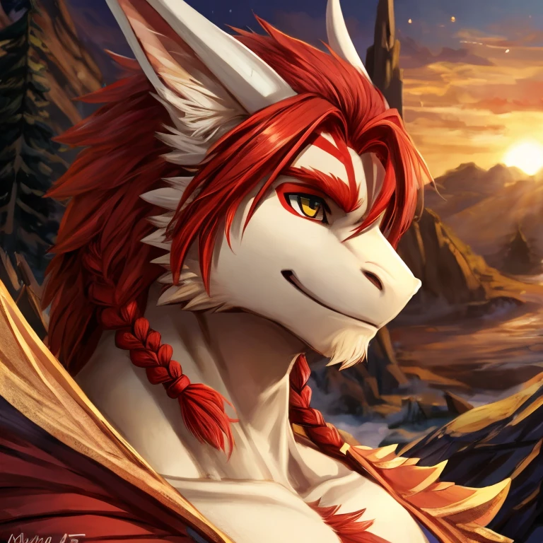 Male Dragon Fluffy, red hair, red braid,