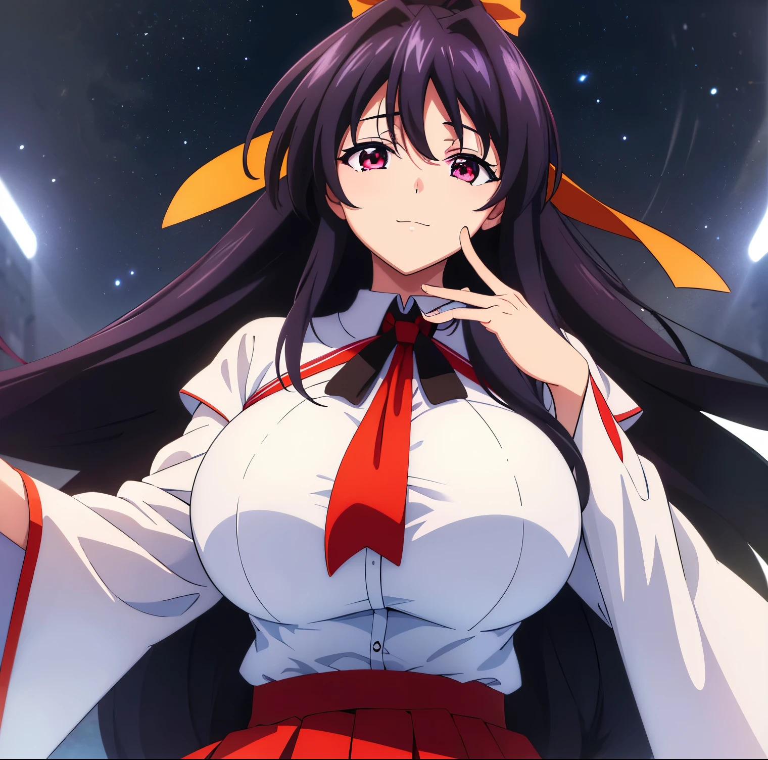 1girl, alóne, akeno  himejima,White Background,
(((Standing at attention))),
Black cape,Black neckwear,white shirt,short_sleeves,((Red pleated skirt)), sailor_collar,
black hair, pink eyes, Very Long Hair,hair_between_eyes,ponytail,Yellow_hair_ribbon, 20yo,Young female,Beautiful Finger,Beautiful long legs,Beautiful body,Beautiful Nose,Beautiful character design, perfect eyes, perfect face,expressive eyes,looking at viewer, in the center of the image,(Upper_body),(Focus on her face),
official art,extremely detailed CG unity 8k wallpaper, perfect lighting,Colorful, Bright_Front_face_Lighting,shiny skin, (masterpiece:1.0),(best_quality:1.0), ultra high res,4K,ultra-detailed,
photography, 8K, HDR, highres, absurdres:1.2, Kodak portra 400, film grain, blurry background, bokeh:1.2, lens flare, (vibrant_color:1.2)
(Beautiful,large_Breasts:1.4), (beautiful_face:1.5),(narrow_waist),smiling, seductive, closed mouth, big breasts, medium waist, wide hips, wide thighs, good anatomy, good hands