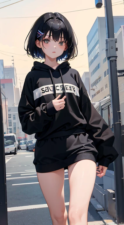 (Short cute girl, young studecate young girl),(masterpiece,highest quality),chest bulge、hoodie,play sports often,black hair、Sprint uniform
