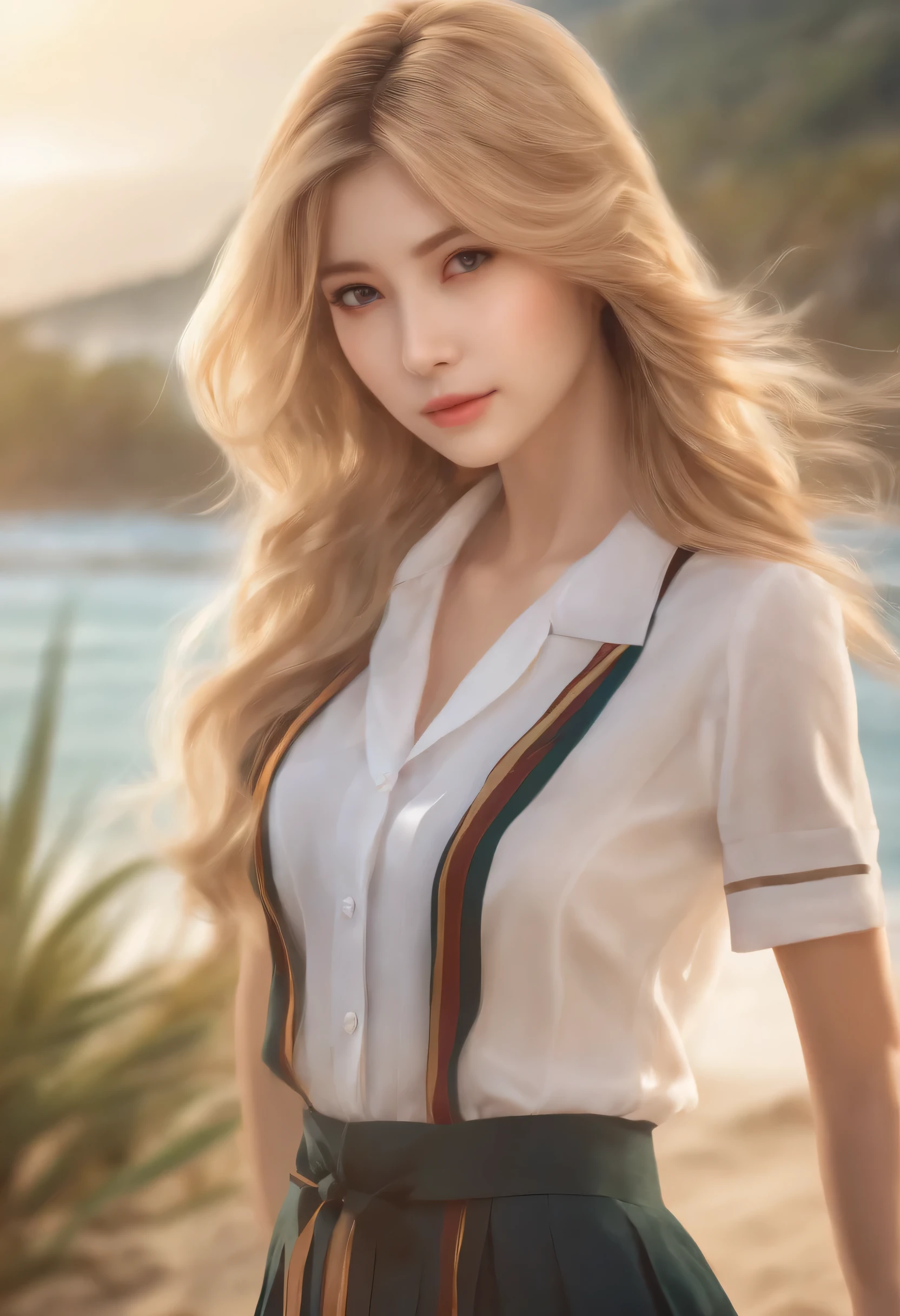 Create realistic 23-years-old girl photos with blonde hair (Length to the shoulders), Very Realistic face, Whole body, Slender body, shapely legs, beautiful thighs, Thin ankles, thin-waist, brown eyes and big breasts, wearing japanese school uniform, on the beach,