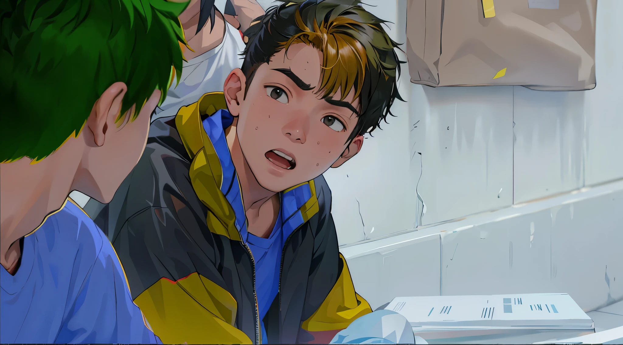 He yells at his friend, he is yelling at him. There are two -yeld bo one sitting next to the other, looking at him. He talks to him to calm him down. He tells him not to fight.