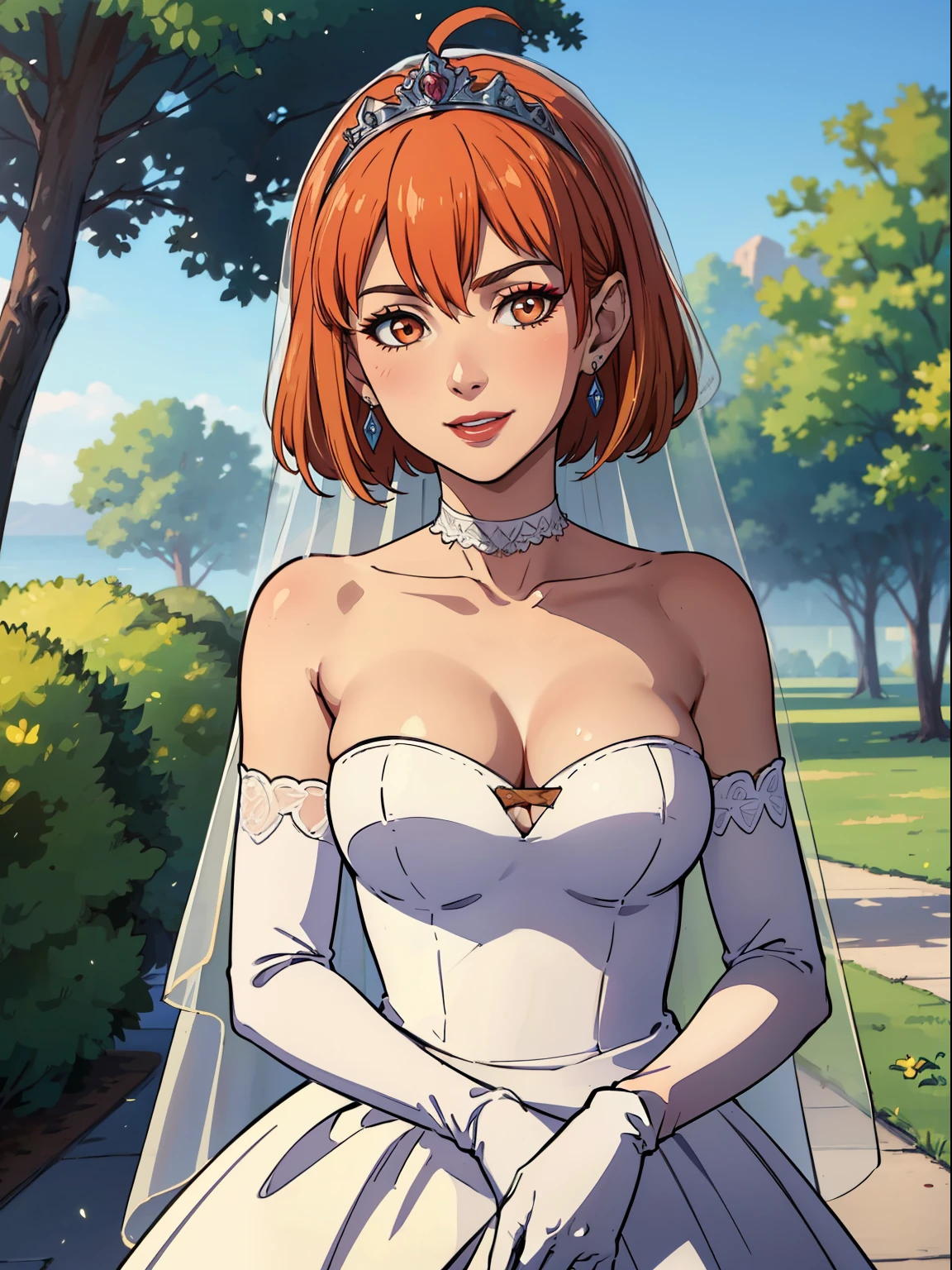 1girl ,leonie pinelli, orange hair ,short hair ,earrings ,lipstick, eye shadow, makeup, hair between eyes, ahoge, hair ornament, gloves, dress, cleavage, bare shoulders, collarbone, white oprea gloves, white gloves, white dress, strapless, white choker, tiara, veil, strapless dress, wedding dress, bridal veil, beautiful woman, perfect body, perfect breasts, wearing a wedding dress, ball gown, in the park trees, wedding decorations, looking at the viewer,  smile, realism, masterpiece, textured skin, super detail, high detail, high quality, best quality, 1080p,