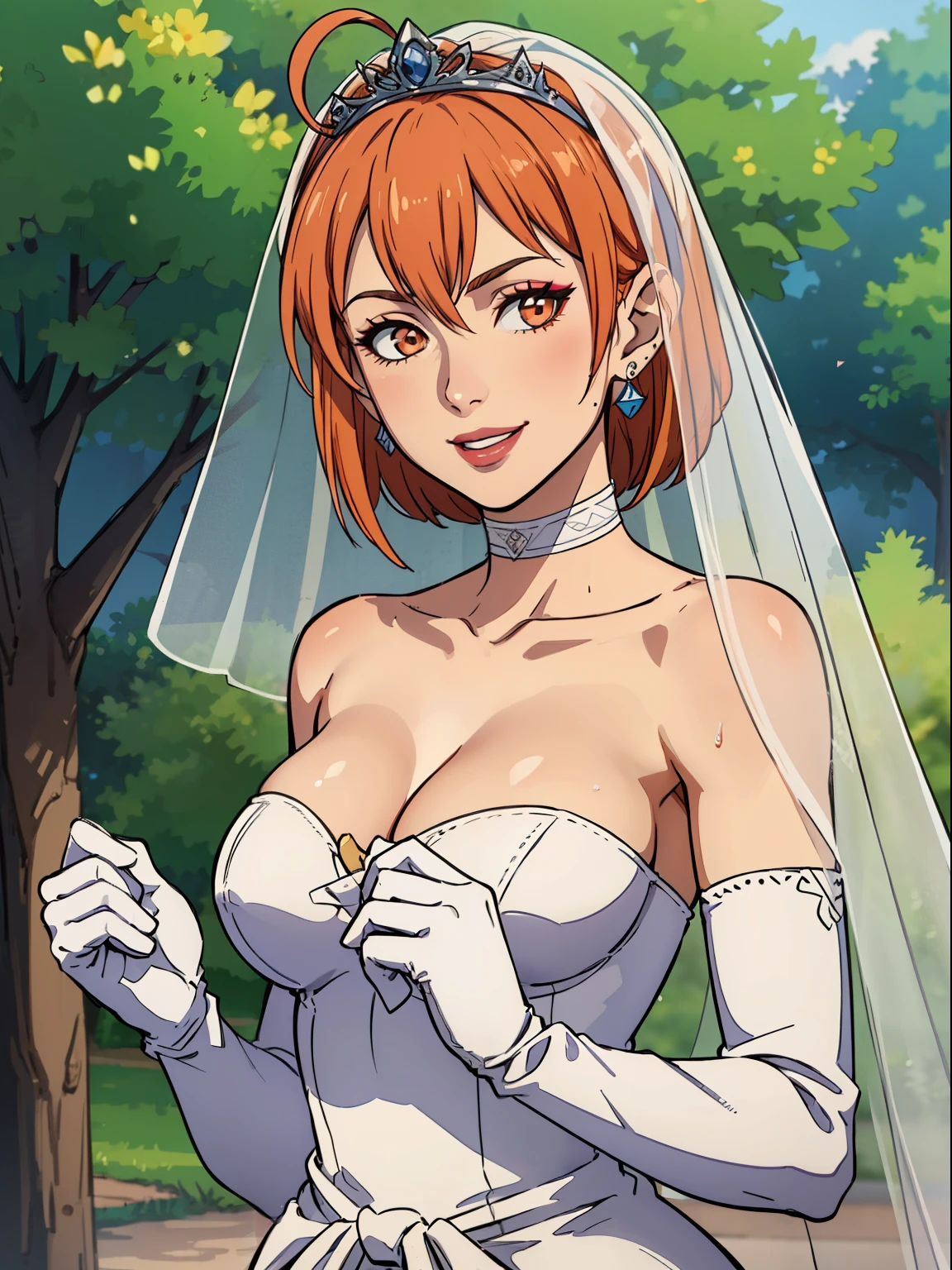 1girl ,leonie pinelli, orange hair ,short hair ,earrings ,lipstick, eye shadow, makeup, hair between eyes, ahoge, hair ornament, gloves, dress, cleavage, bare shoulders, collarbone, white oprea gloves, white gloves, white dress, strapless, white choker, tiara, veil, strapless dress, wedding dress, bridal veil, beautiful woman, perfect body, perfect breasts, wearing a wedding dress, ball gown, in the park trees, wedding decorations, looking at the viewer,  smile, realism, masterpiece, textured skin, super detail, high detail, high quality, best quality, 1080p,